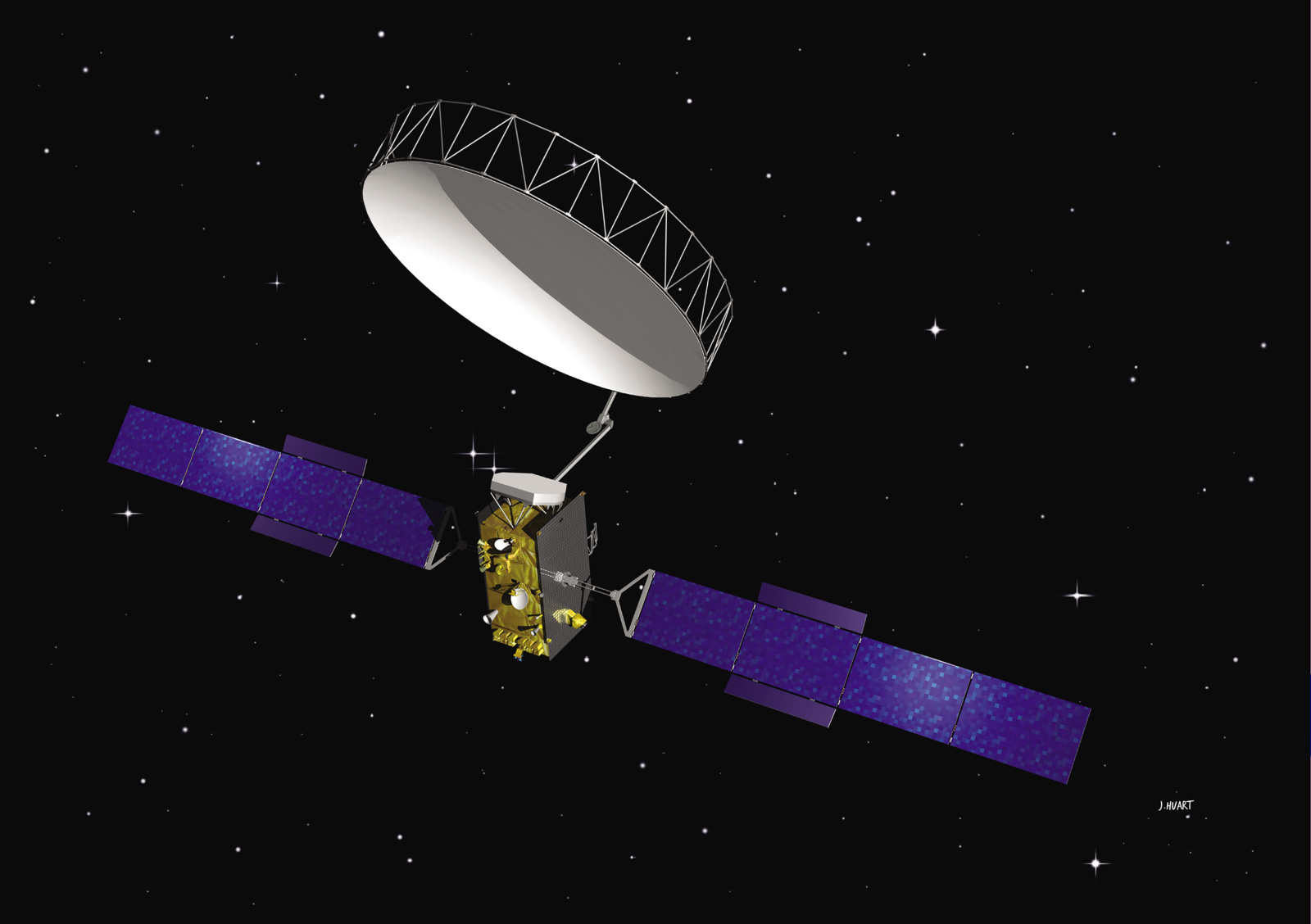 D'une envergure de 40 m avec ses panneaux solaires déployés, Alphasat utilise également une antenne de plus de 100 m2. Ce satellite de télécommunications doit fonctionner pendant au moins une quinzaine d’années. © J. Huart, TAS-Astrium-Esa