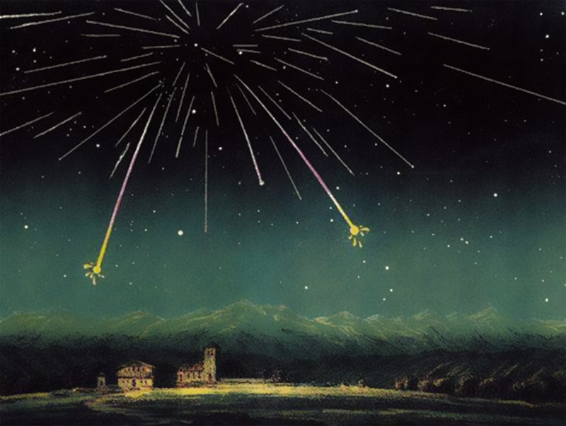 L'essaim de météores des Andromédides, absent depuis plus d'un siècle, excepté pour une apparition discrète en 2011, pourrait être de retour avec un pic d'activité dans la nuit du 5 au 6 décembre 2018. C'est en réalité une célébrité oubliée du XIXe siècle : elle avait fait pleuvoir des étoiles dans le ciel nocturne du 27 novembre 1872, comme brillamment dépeint ici, au-dessus de la France, par Amédéé Guillemin. © Amédéé Guillemin