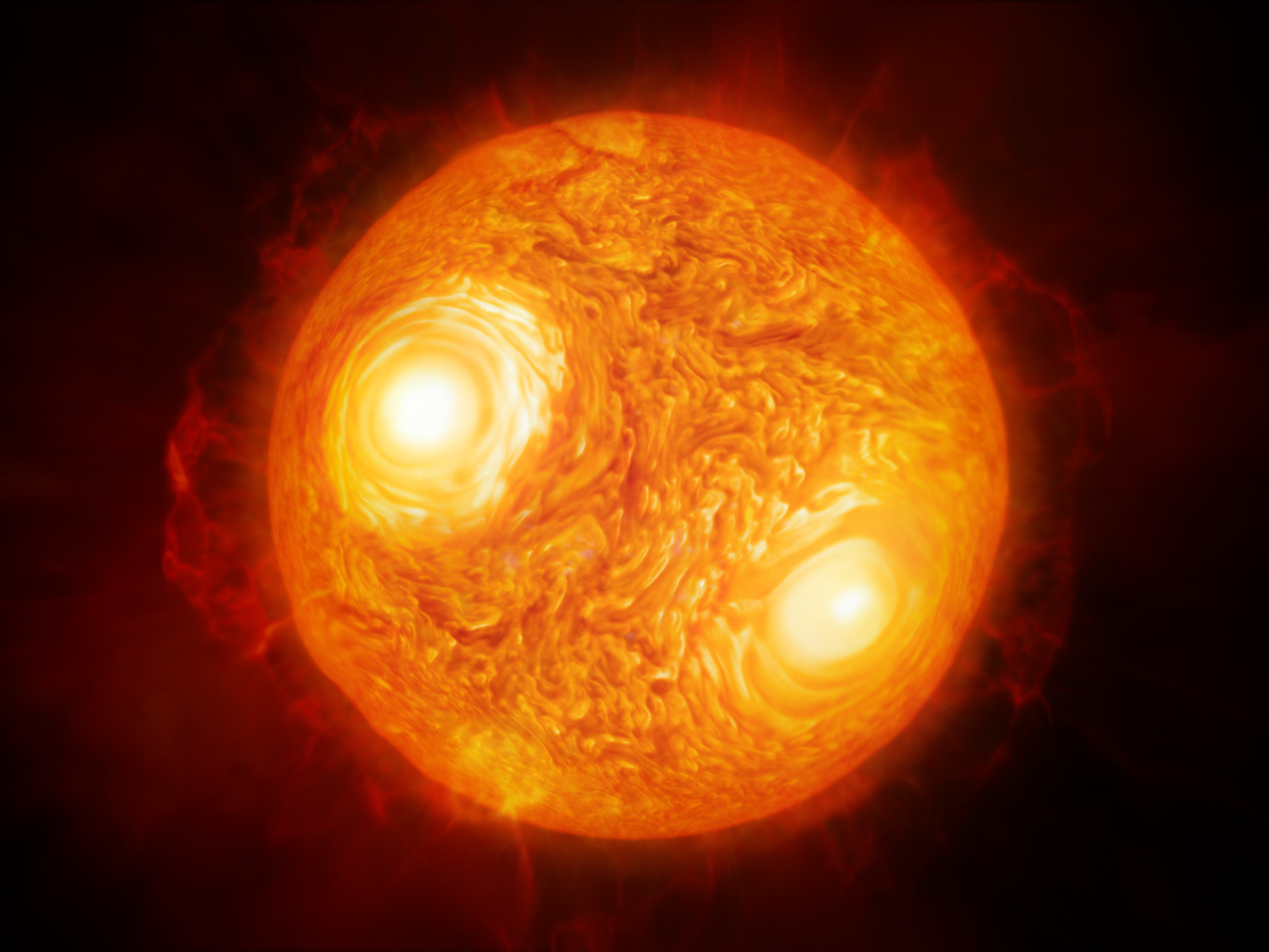 Sur cette vue d’artiste, figure la supergéante rouge Antarès dans la constellation du Scorpion. Grâce à l’interféromètre du Very Large Telescope de l’ESO, les astronomes ont réalisé l’image la plus détaillée à ce jour de cette étoile. Sur la base des mêmes données, ils ont également constitué la toute première cartographie des mouvements de matière au sein de l’atmosphère d’une étoile autre que le Soleil. © ESO/M. Kornmesser