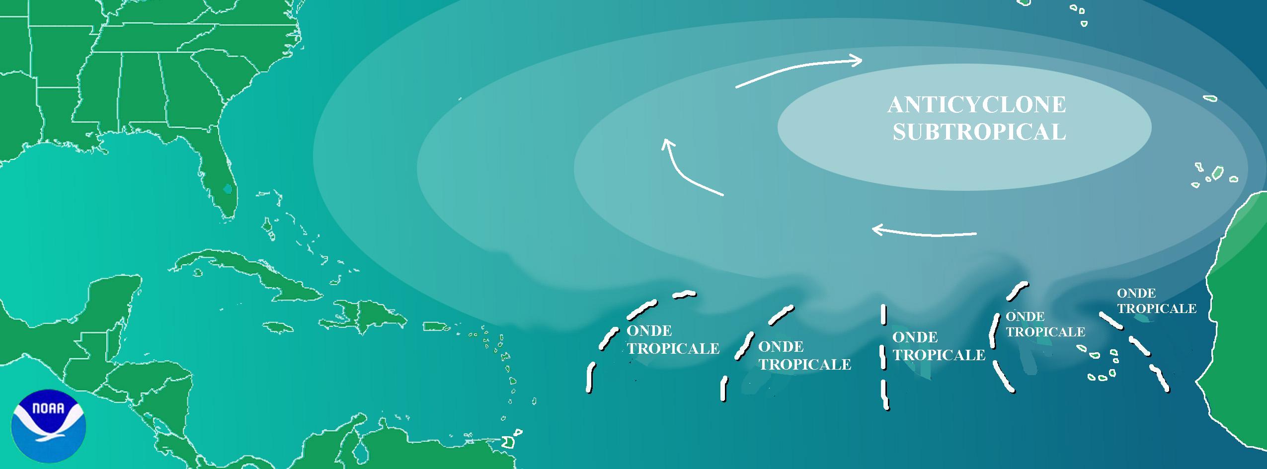 Un anticyclone subtropical peut avoir une amplitude de plusieurs milliers de kilomètres. C'est le cas de celui des Açores qui maintient le beau temps sur le sud de la France durant l’été. © Pierre_cb via NOAA, Wikipédia, DP