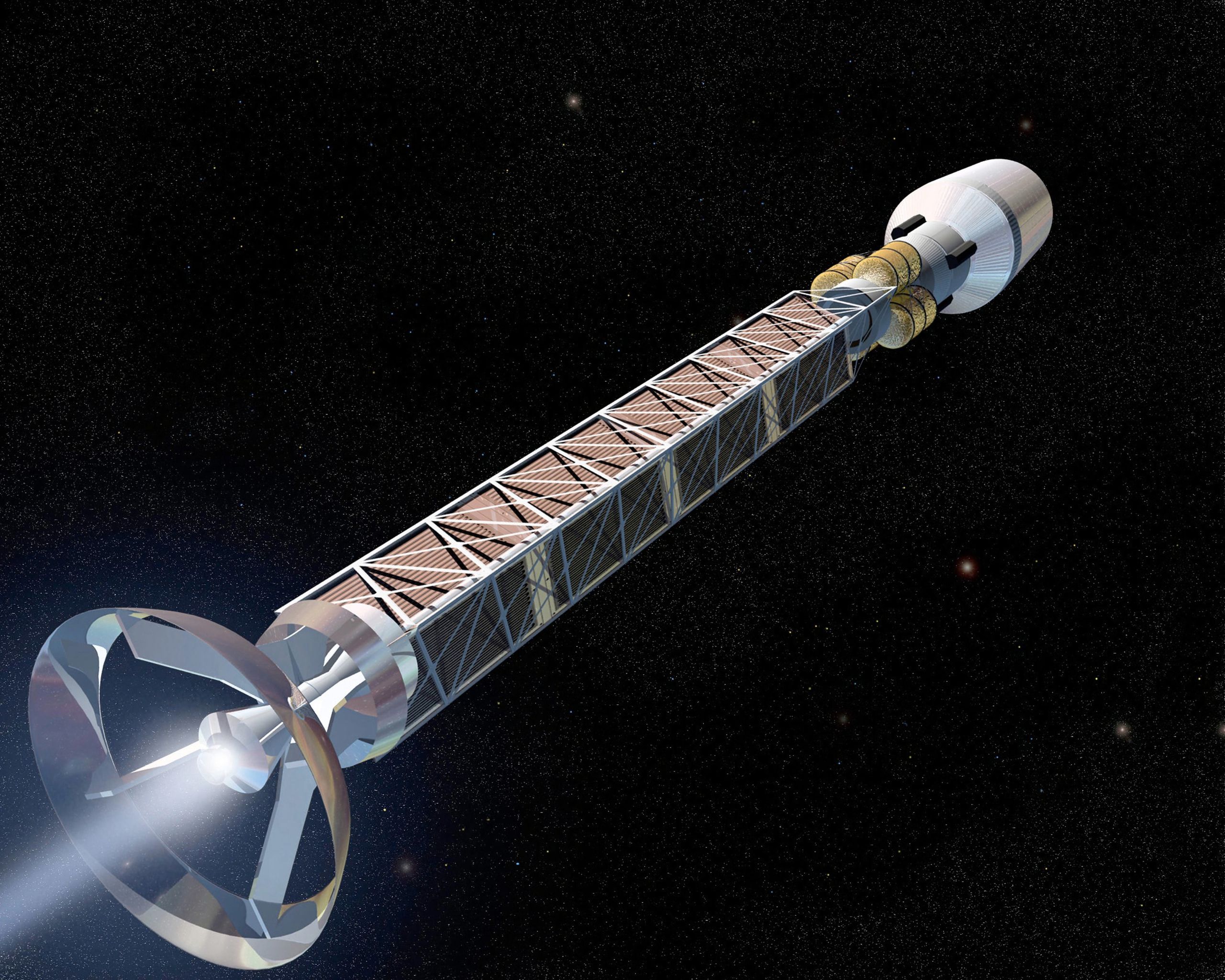 Une vue d'artiste d'un projet de vaisseau avec propulsion à antimatière. © NASA/MSFC   