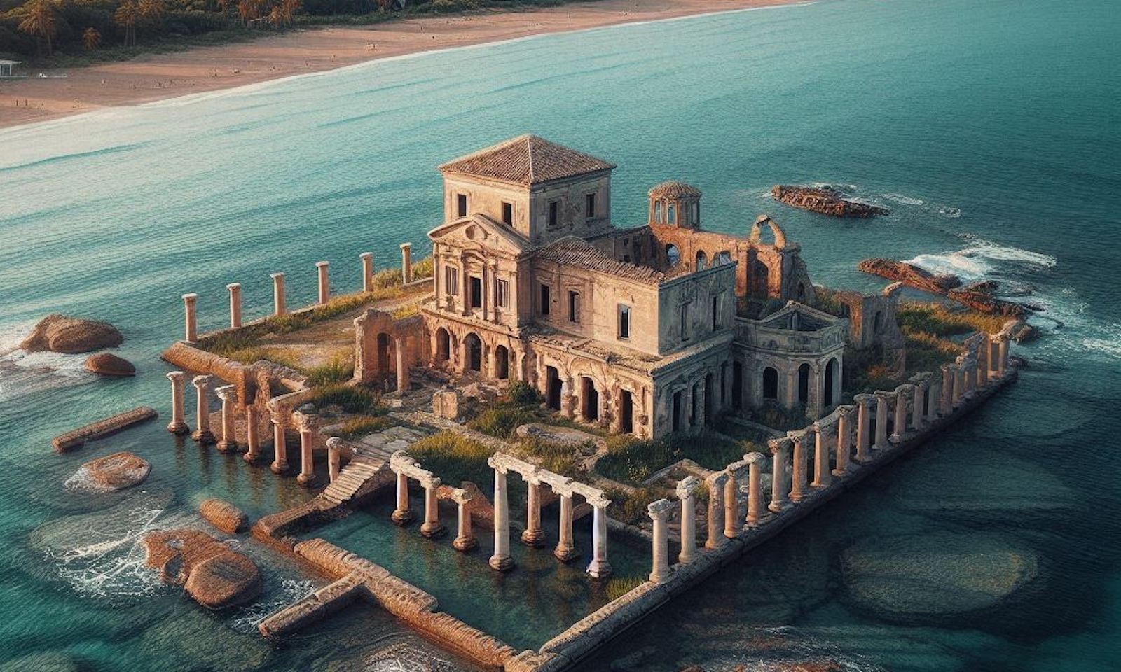 Des archéologues ont découvert les vestiges submergés d'une importante villa datant de l’époque romaine près du littoral de Campo di Mare, au sud de l'Italie. © Futura, Image générée avec Bing Image Creator