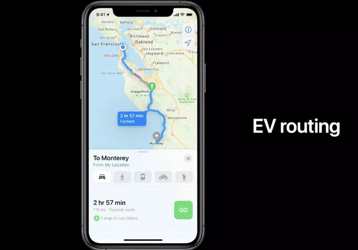La mise à jour d’Apple Plans avec les itinéraires optimisés pour les voitures électriques. © Apple