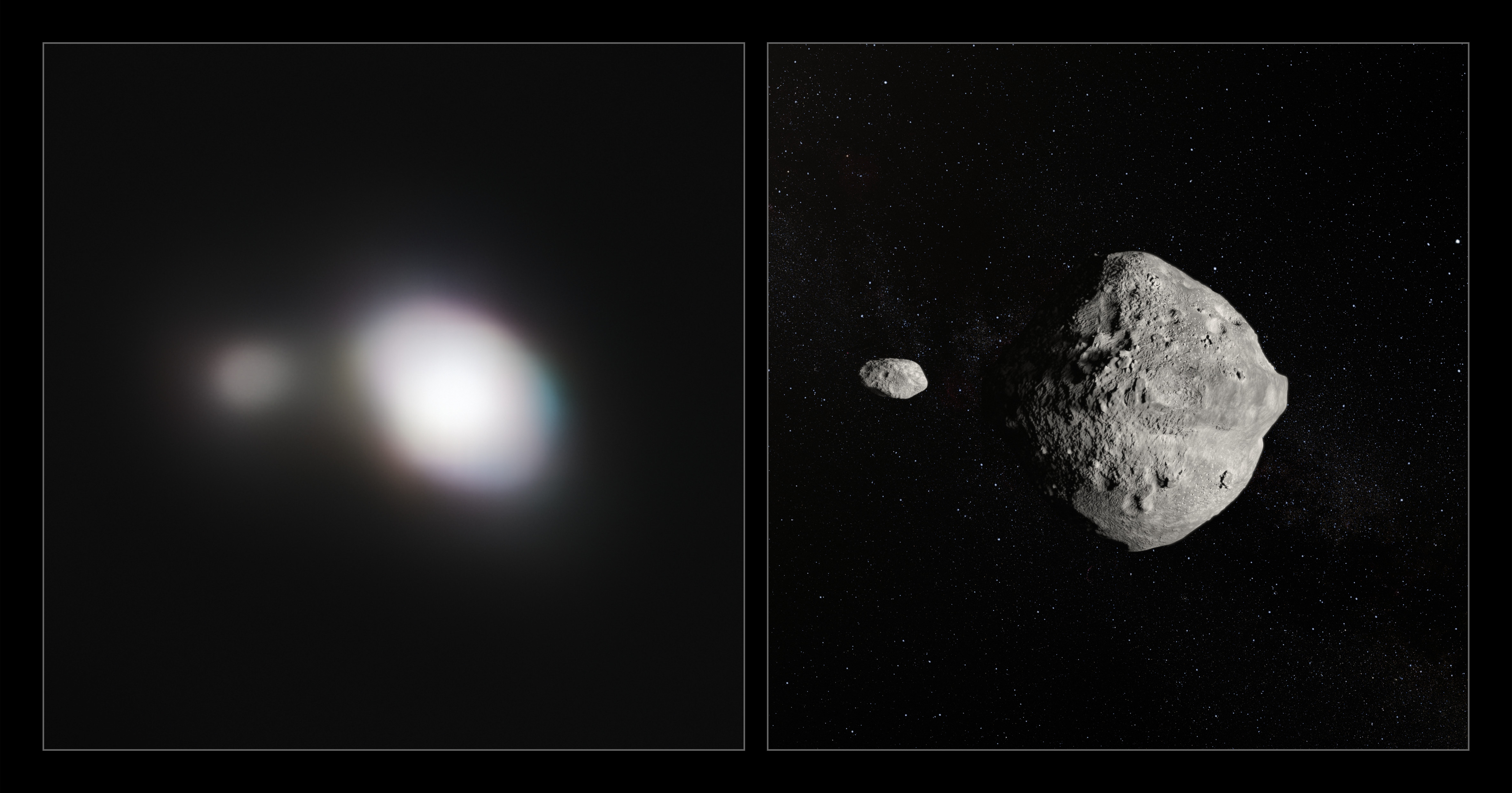 À gauche, image la plus détaillée de l'astéroïde 1999 KW4, qui possède sa propre lune, prise par l'instrument Sphere équipant le Very Large Telescope (VLT), à son passage au plus près de la Terre le 25 mai 2019. À droite, vue d'artiste de l'astéroïde et de son petit compagnon. © ESO