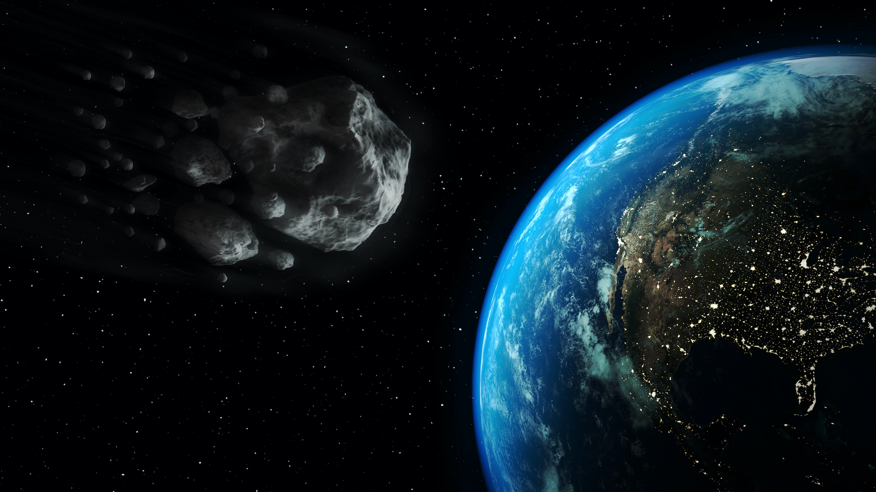 Illustration d'un astéroïde géocroiseur&nbsp;passant dans le voisinage de la Terre. © Marcos Silva, Adobe Stock