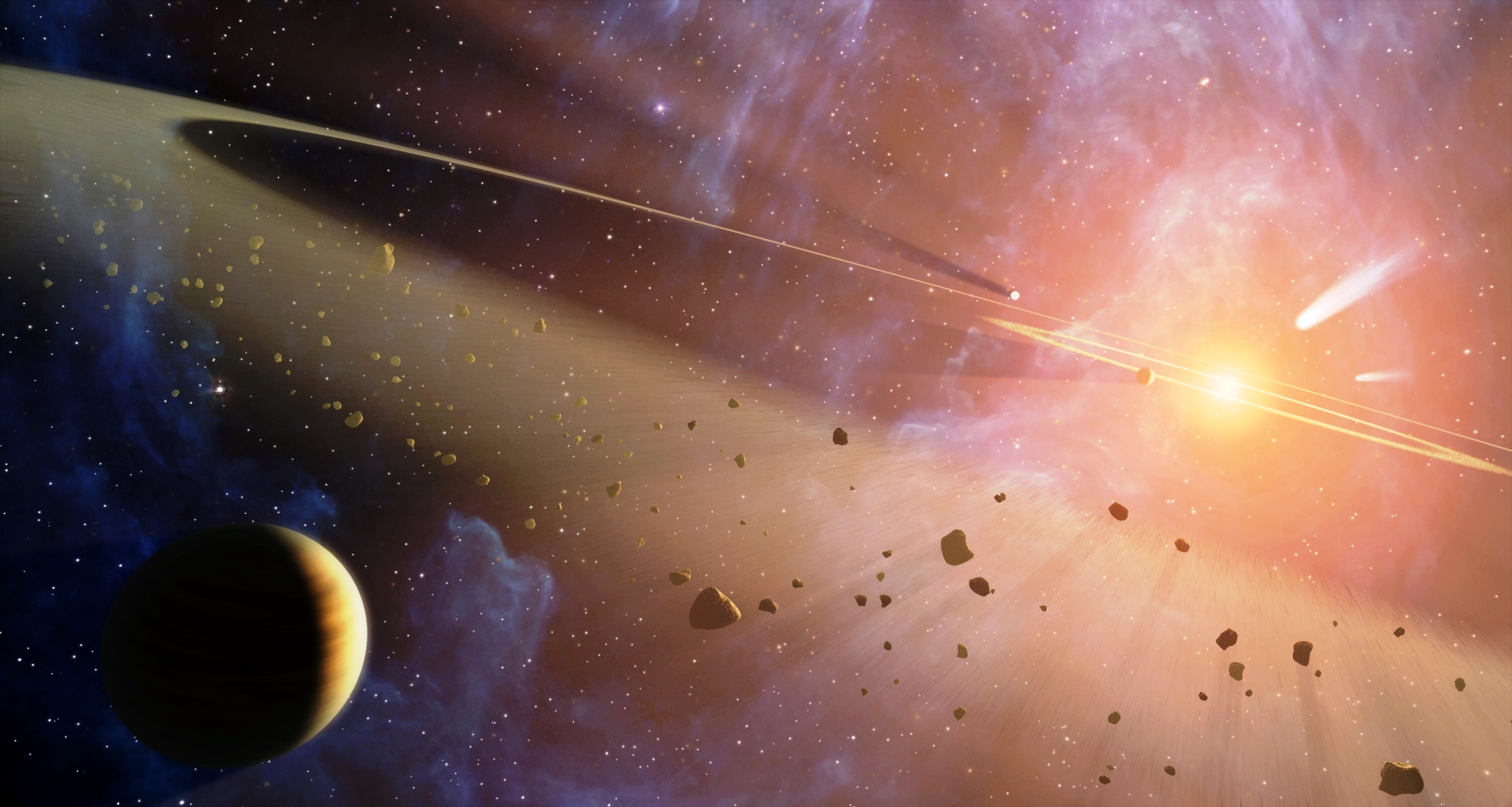 Une vue d'artiste de la formation du Système solaire. On peut imaginer Jupiter au premier plan en bas à gauche. Dans le cadre du modèle du Grand Tack, elle aurait migré une première fois en repoussant les astéroïdes vers le Soleil il y a environ 4,5 milliards d'années. Les migrations de Jupiter auraient déstabilisé plusieurs de ces corps qui se sont formés dans des régions très diverses du Système solaire. Certains ont ensuite été piégés dans l'actuelle ceinture principale d'astéroïdes. © Nasa