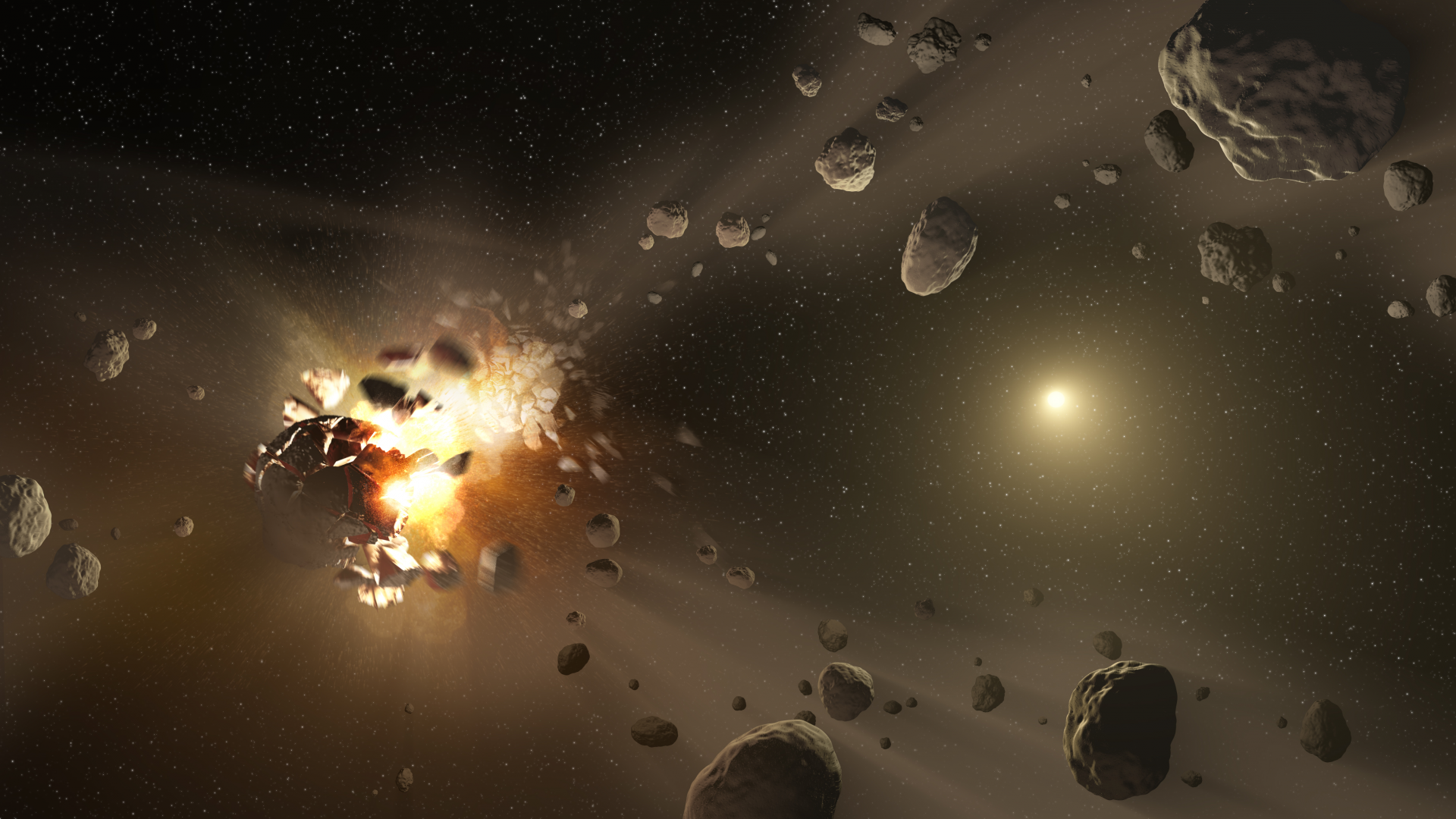 Des chercheurs ont peut-être découvert les plus vieux astéroïdes du Système solaire. Une famille d’astéroïdes est créée suite à une collision avec un corps de la ceinture principale. Les fragments ont en majorité une orbite similaire au corps parent. Cependant, certains prennent peu à peu leurs distances sous l’effet de mini-impulsions créées par le rayonnement solaire. © Nasa, JPL-Caltech