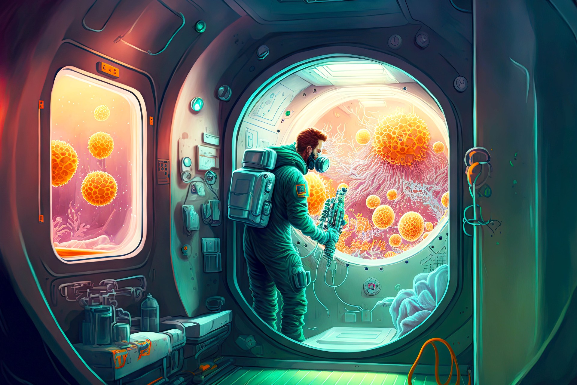 Un astronaute qui combat des pathogènes dans un vaisseau spatial. (Image générée par une intelligence artificielle.) © Alfazet Chronicles, Adobe Stock