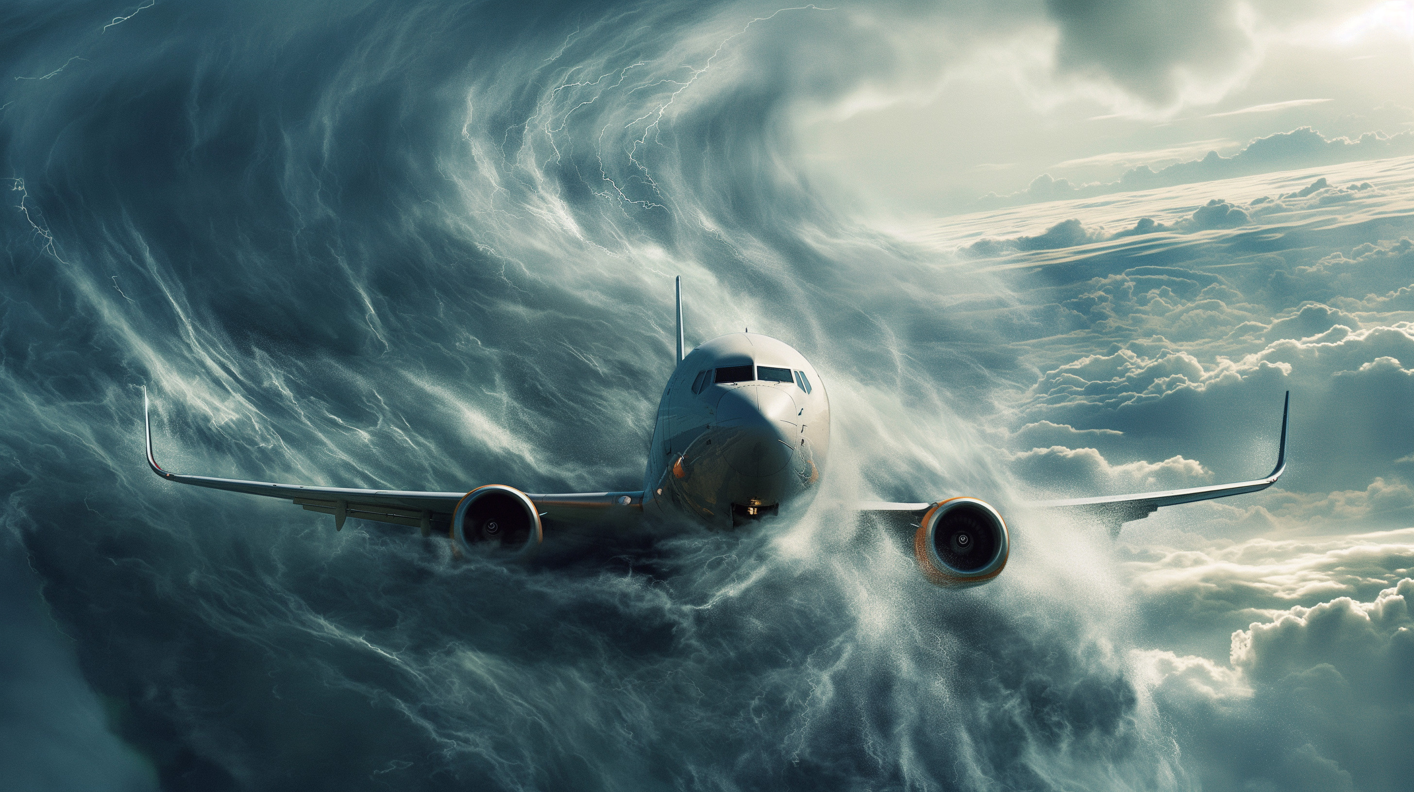 Un avion pris dans des nuages sombres. © paullawat, Adobe Stock, généré grâce à l'IA   