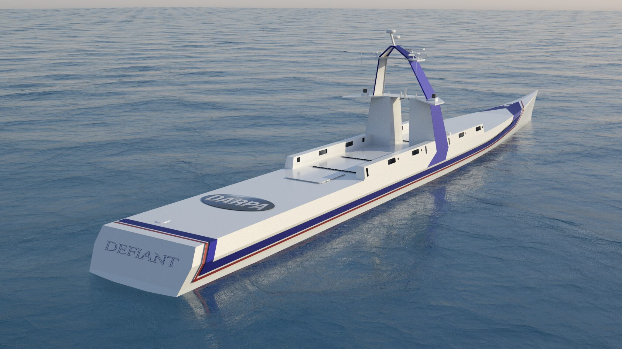 Un rendu du concept de bateau autonome Defiant du programme Nomars. © Darpa
