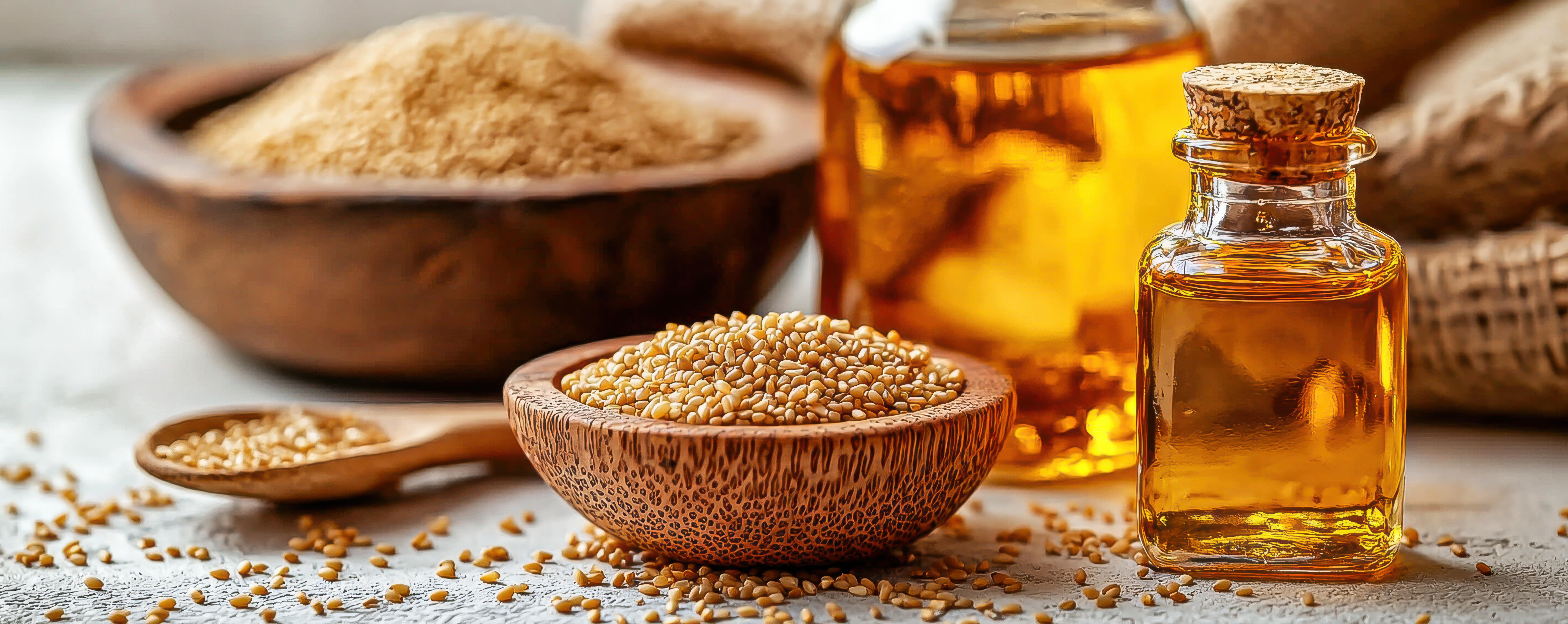 L’huile de sésame, riche en antioxydants et en acides gras essentiels, offre des bienfaits aussi bien pour la santé que pour la peau. © Phuwameth, Adobe Stock