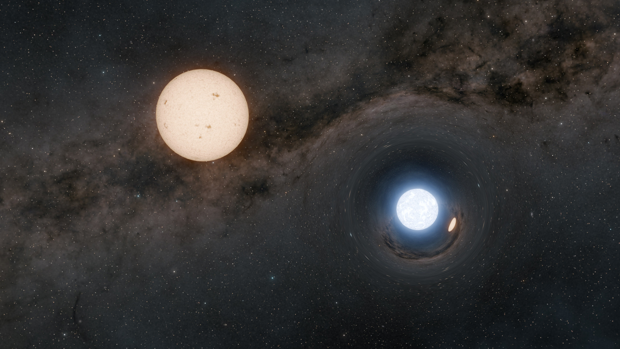 Un extrait d'une animation montrant un étoile à neutrons en orbite autour d'une étoile de type solaire (naine jaune). Son champ de gravité est si intense qu'il produit un effet de lentille gravitationnelle. © Caltech R. Hurt (Ipac)