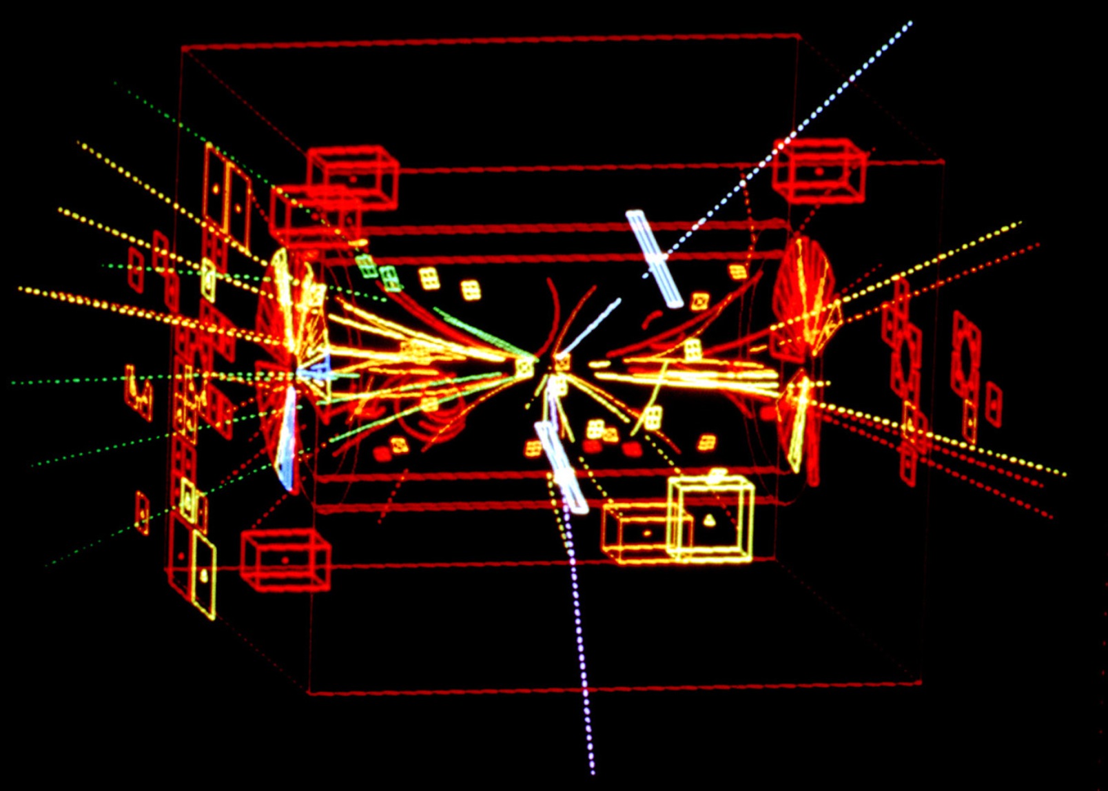 Reconstruction par ordinateur de la désintégration d'un boson Z0 en un électron et un positron enregistrée par le détecteurs UA1 au Cern au début des années 1980. Il s'agit là de la première détection d'un Z0 par UA1. © UA1/Cern