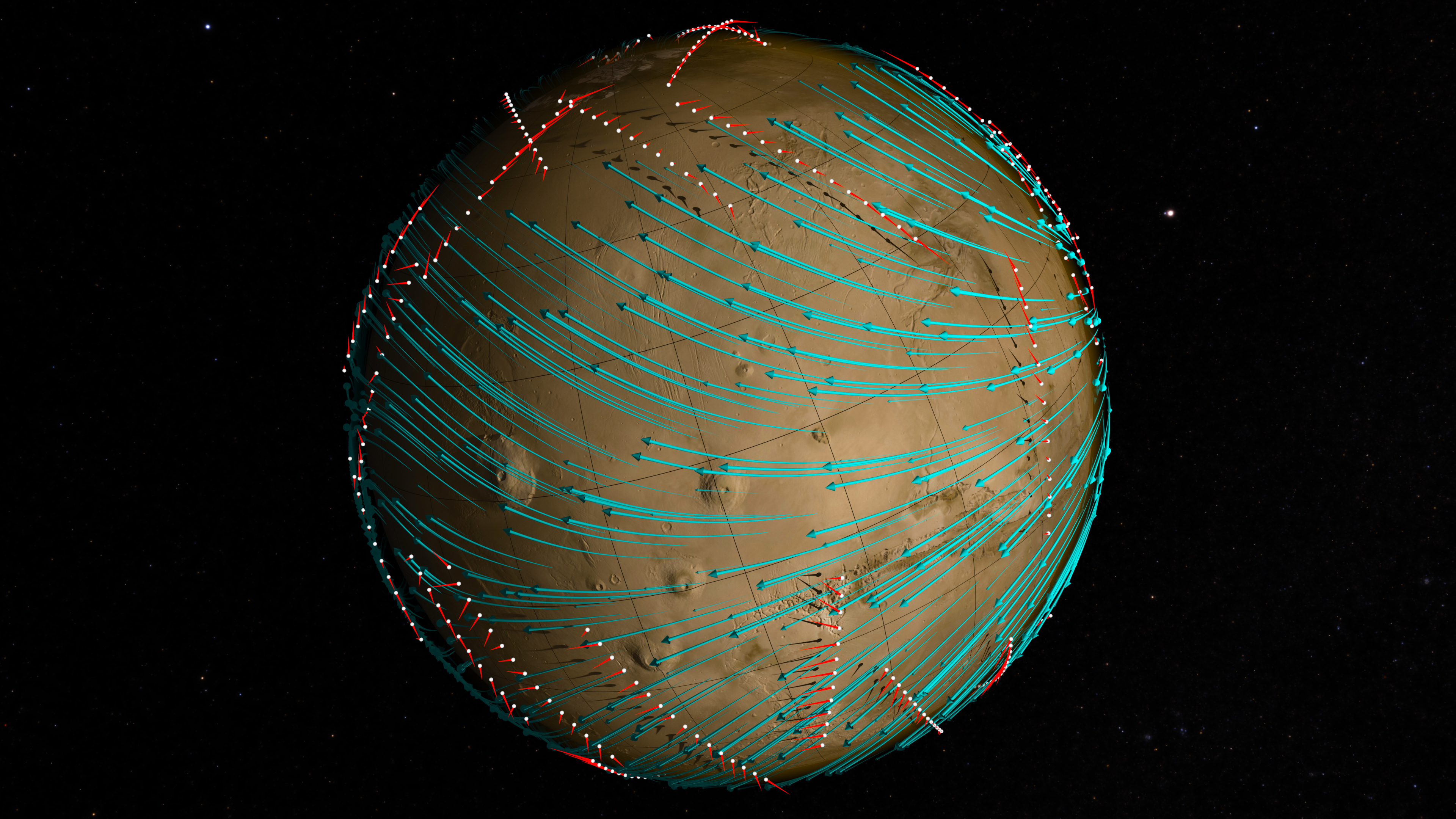 Les points blancs le long de Mars représentent le chemin emprunté par Maven. Les flèches bleues indiquent la direction des vents dans la haute atmosphère martienne. Les lignes rouges représentent la vitesse et la direction locale du vent lors des mesures prisent par Maven. © Nasa Goddard, Maven, SVS, Greg Shirah