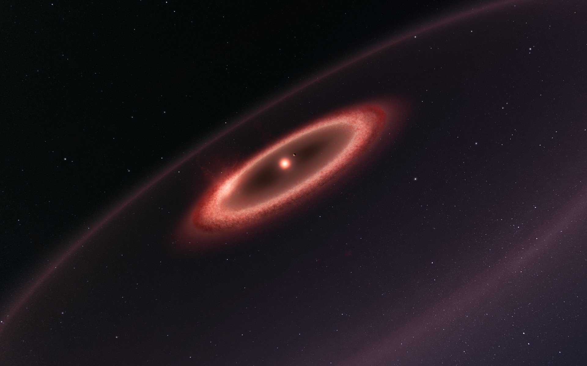Illustration des ceintures de poussière qui entourent la naine rouge Proxima du Centaure. La plus dense s’étend entre 150 et 600 millions de kilomètres de l’étoile. © M. Kornmesser, ESO