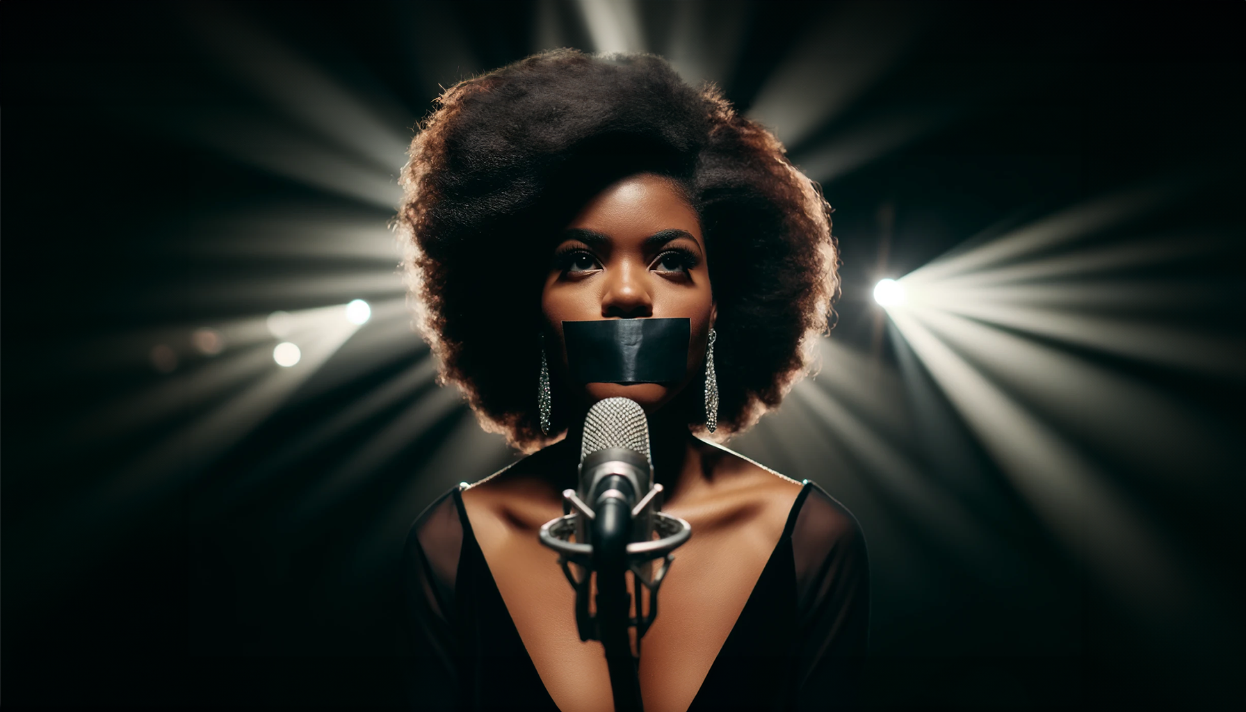 Une chanteuse se tient sur scène devant un micro. Sa bouche est recouverte de scotch noir. © Futura, créé avec Dall.E   
