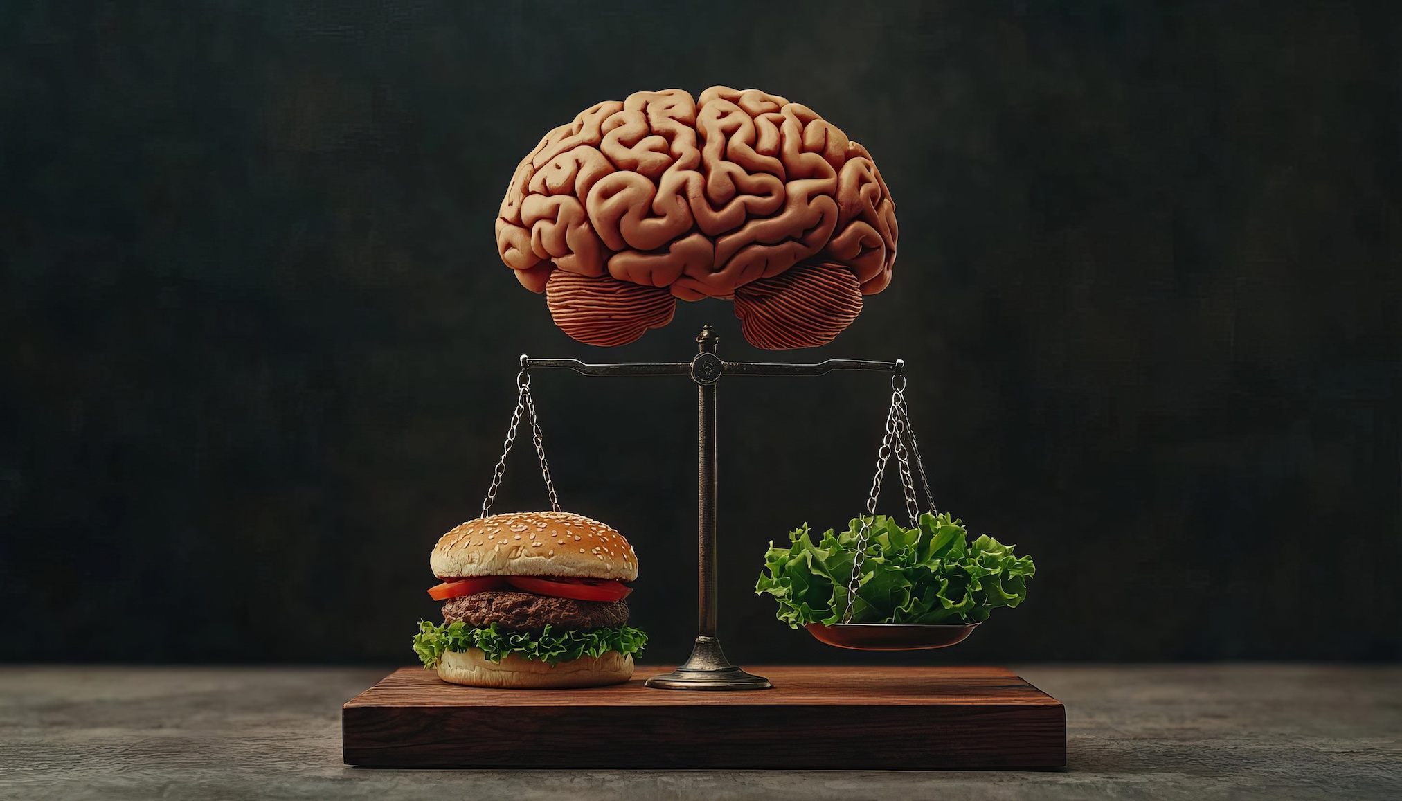 Entre salade et hamburger, ce n'est pas seulement une question de volonté, le cerveau, via des hormones comme les neuroœstrogènes, joue un rôle clé dans la régulation de l’appétit. © InkCrafts, Adobe Stock (image générée par IA)