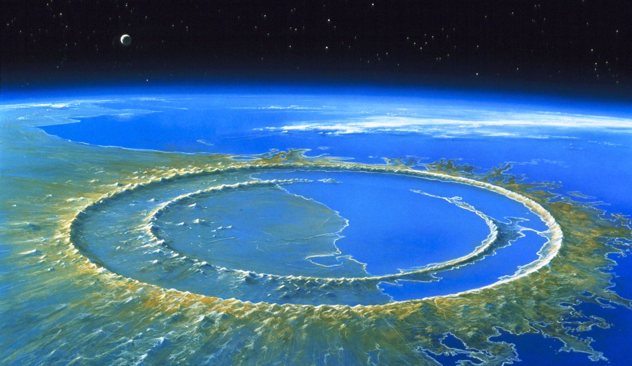 Une vue d'artiste du cratère d'impact de Chicxulub quelques milliers d'années après sa formation. © Detlev_van_Ravenswaay, Science