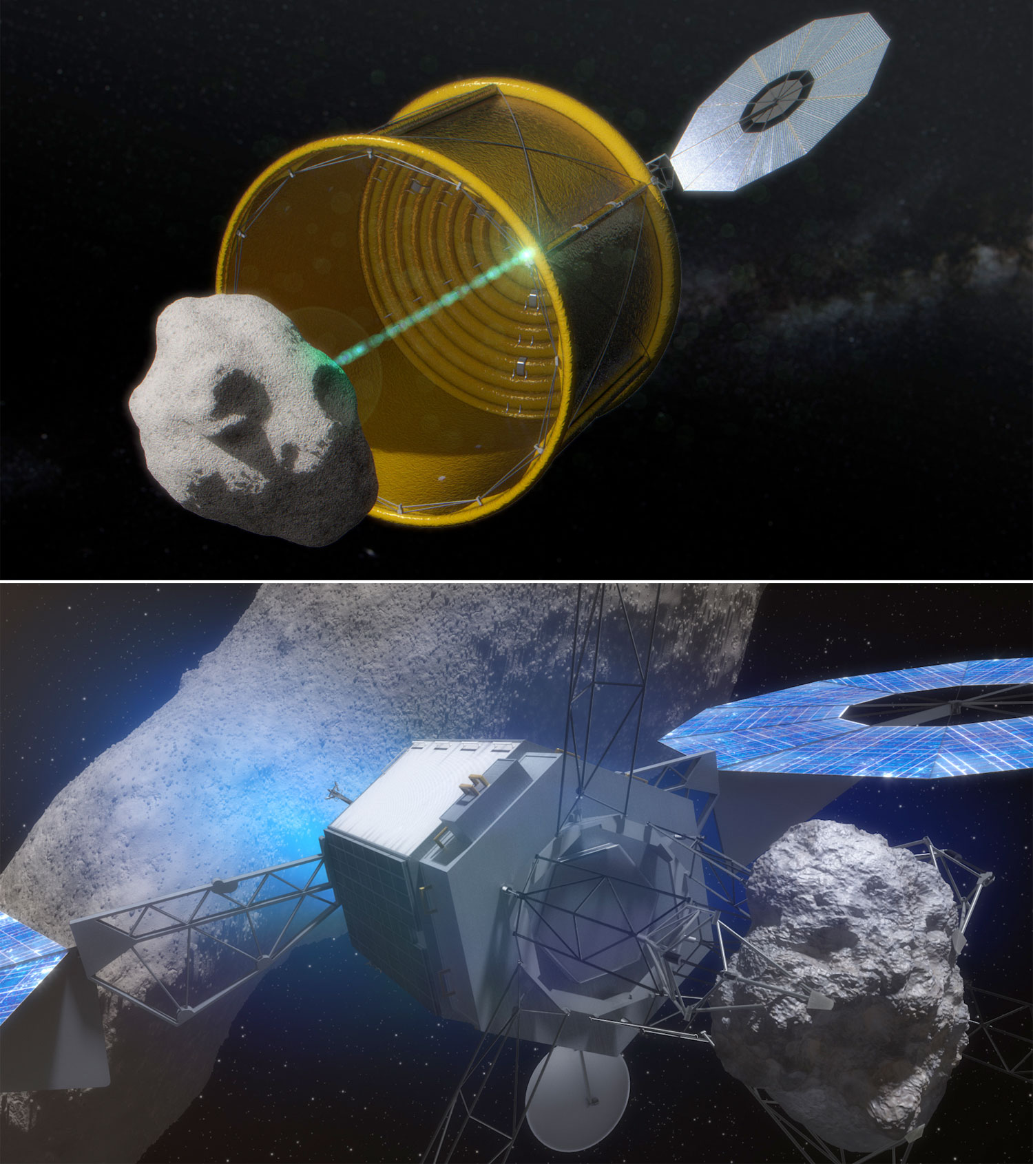 Les deux concepts permettant la capture d'un astéroïde que la Nasa étudie. L'option A, celui du big bag, et l'option B qui prévoit l'utilisation de bras robotisés. © Nasa