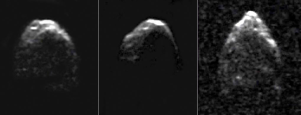 Images radars de l'astéroïde 1950 DA acquises par l'observatoire d'Arecibo en mars 2001. D'une résolution de 15 mètres, elles ont été prises alors que l'astéroïde se situait à quelque 0.052 UA ou 7.8 millions de kilomètres de la Terre. © NRAO