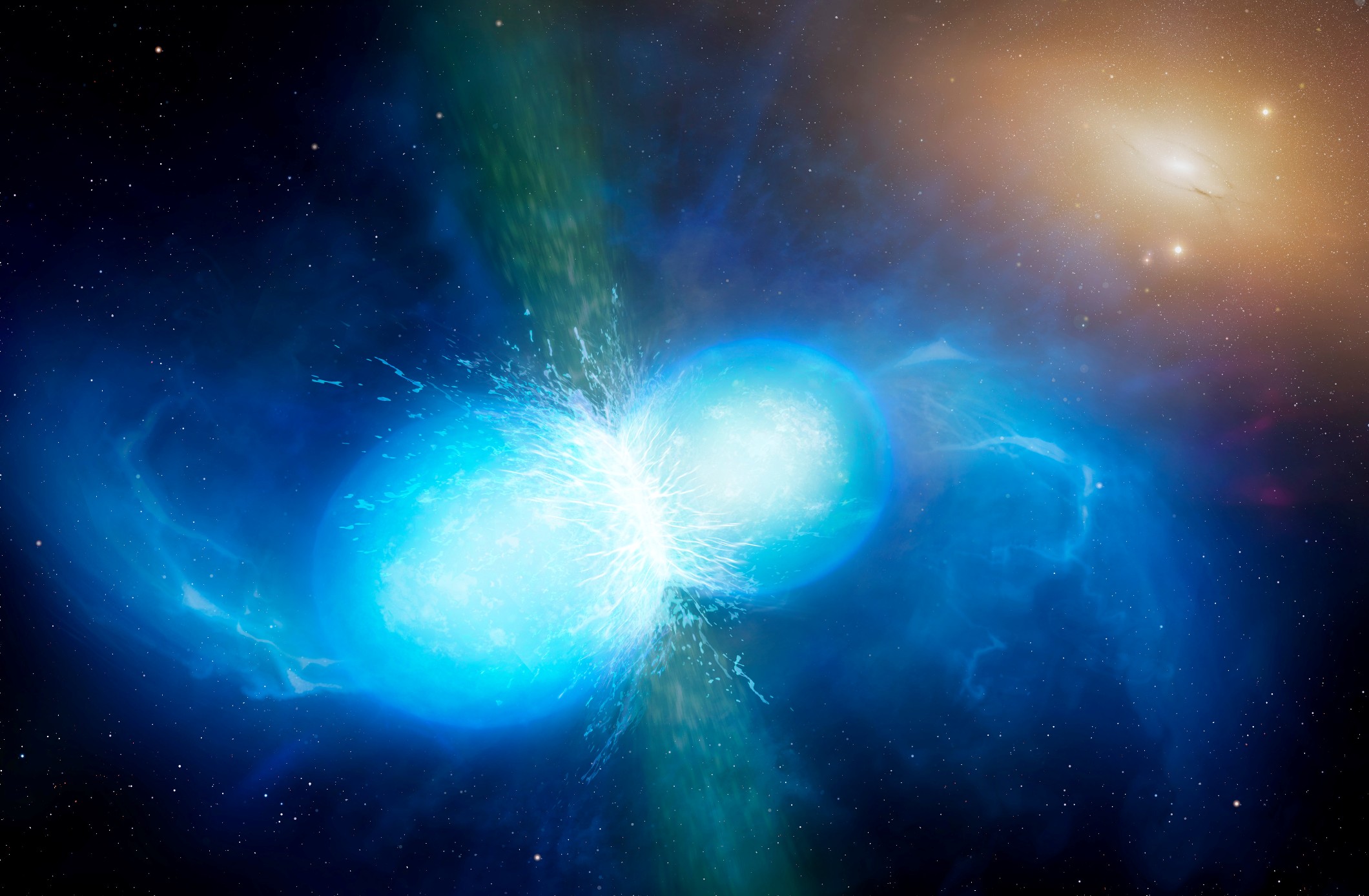 Sur cette vue d’artiste figurent deux étoiles à neutrons de faible dimension mais de densité très élevée sur le point de fusionner et d’exploser en kilonova. Cet événement particulièrement rare devrait se traduire par l’émission d’ondes gravitationnelles et de sursauts gamma courts. L’une et l’autre émissions ont été effectivement observées le 17 août 2017 par Ligo-Virgo et Fermi-Integral respectivement. Diverses observations détaillées menées au moyen des télescopes de l’ESO ont confirmé la nature de cet objet – une kilonova – situé au sein de la galaxie NGC 4993 à quelque 130 millions d’années-lumière de la Terre. Ce type d’objet constitue la principale source d’éléments chimiques lourds, tels l’or et le platine, dans l’Univers. © University of Warwick/Mark Garlick