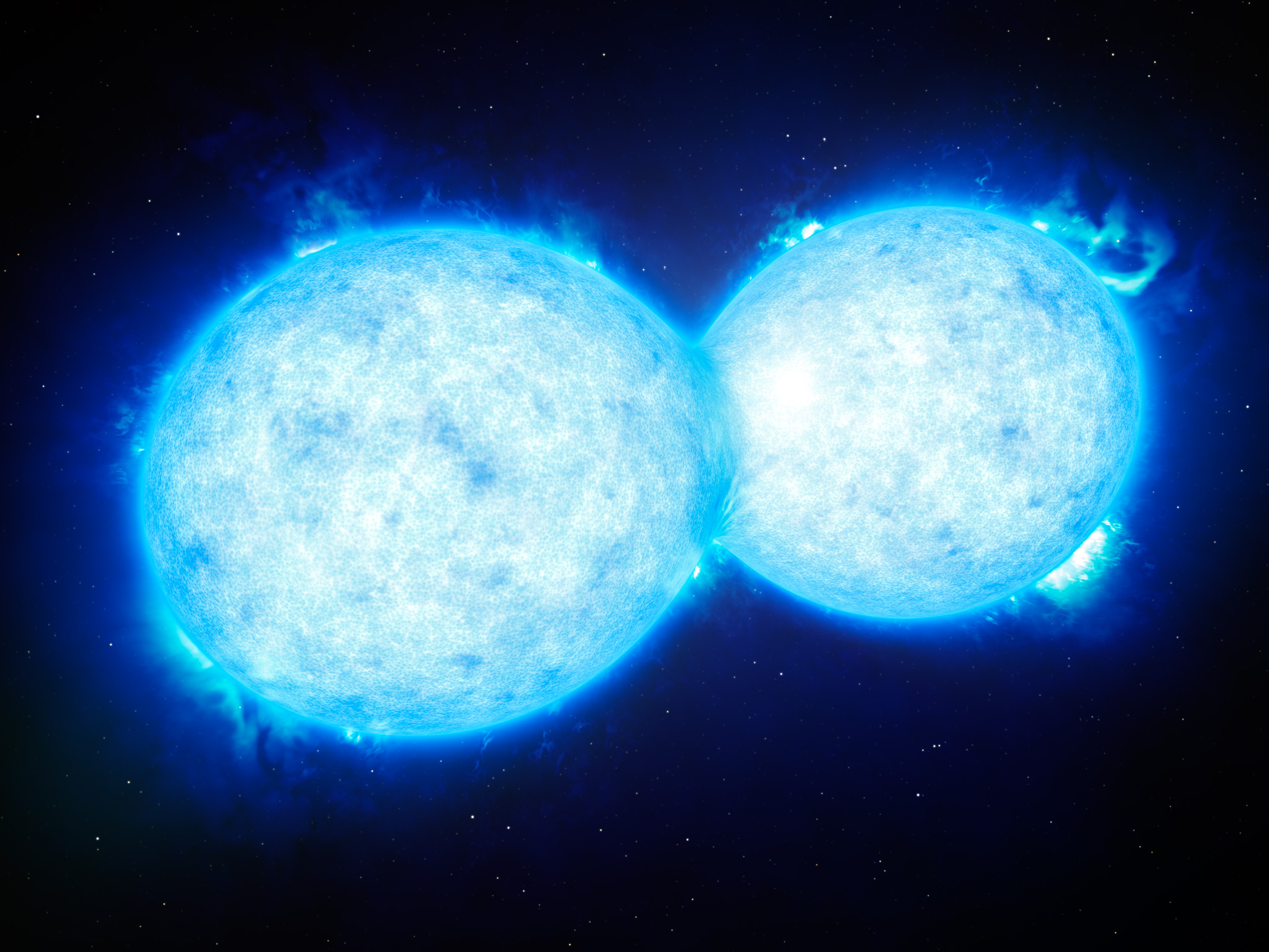 Cette vue d'artiste montre VFTS 532 – le système d'étoiles doubles le plus chaud et le plus massif connu à ce jour, dont les composantes, situées à grande proximité l'une de l'autre, partagent du contenu matériel. Les deux étoiles de ce système extrême se situent à quelque 160.000 années-lumière de la Terre dans le Grand Nuage de Magellan. Cet étrange système s'achemine certainement vers une fin dramatique : la formation d'une unique étoile géante ou d'un futur trou noir binaire. © ESO/L. Calçada
