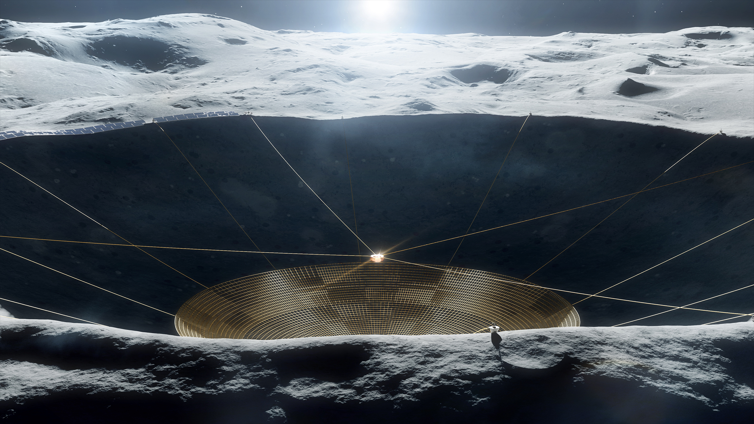 Concept d'un radiotélescope installé dans un cratère lunaire. © Vladimir Vustyansky