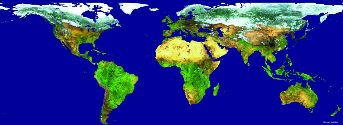 Couvert végétal de la planète&nbsp;observé par l'instrument «&nbsp;Végétation&nbsp;»&nbsp;à bord des satellites Spot 4 et Spot 5 du Cnes.&nbsp;© Cnes,&nbsp;Distribution Spot Image