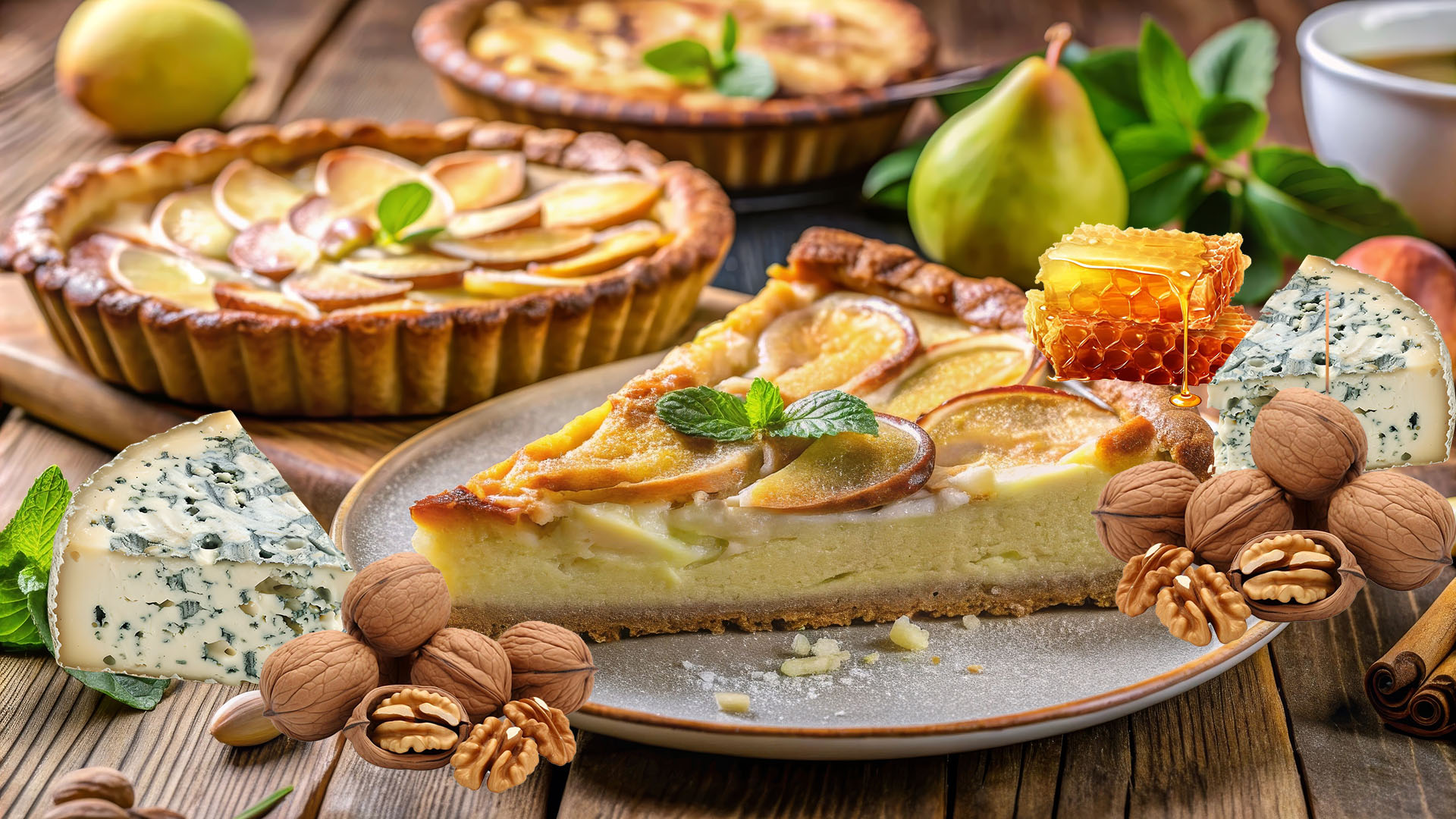 Délicieuse tarte aux poires, fromage bleu et noix