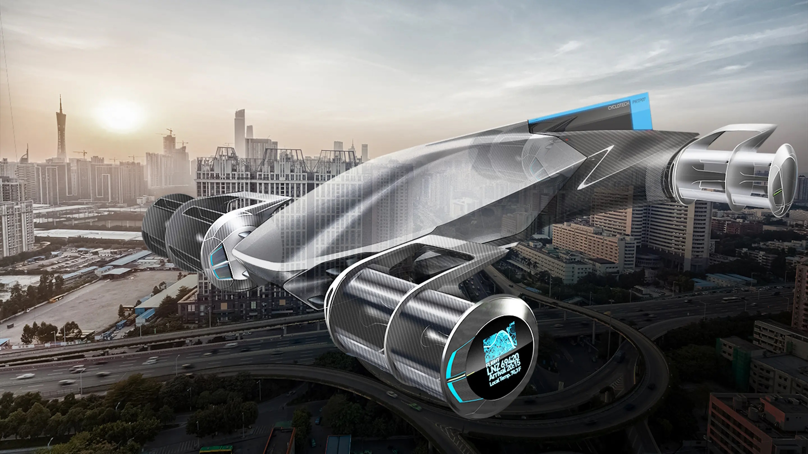 Le concept de taxi volant eVTOL de CycloTech pourrait ressembler à cette vue d’artiste. © CycloTech
