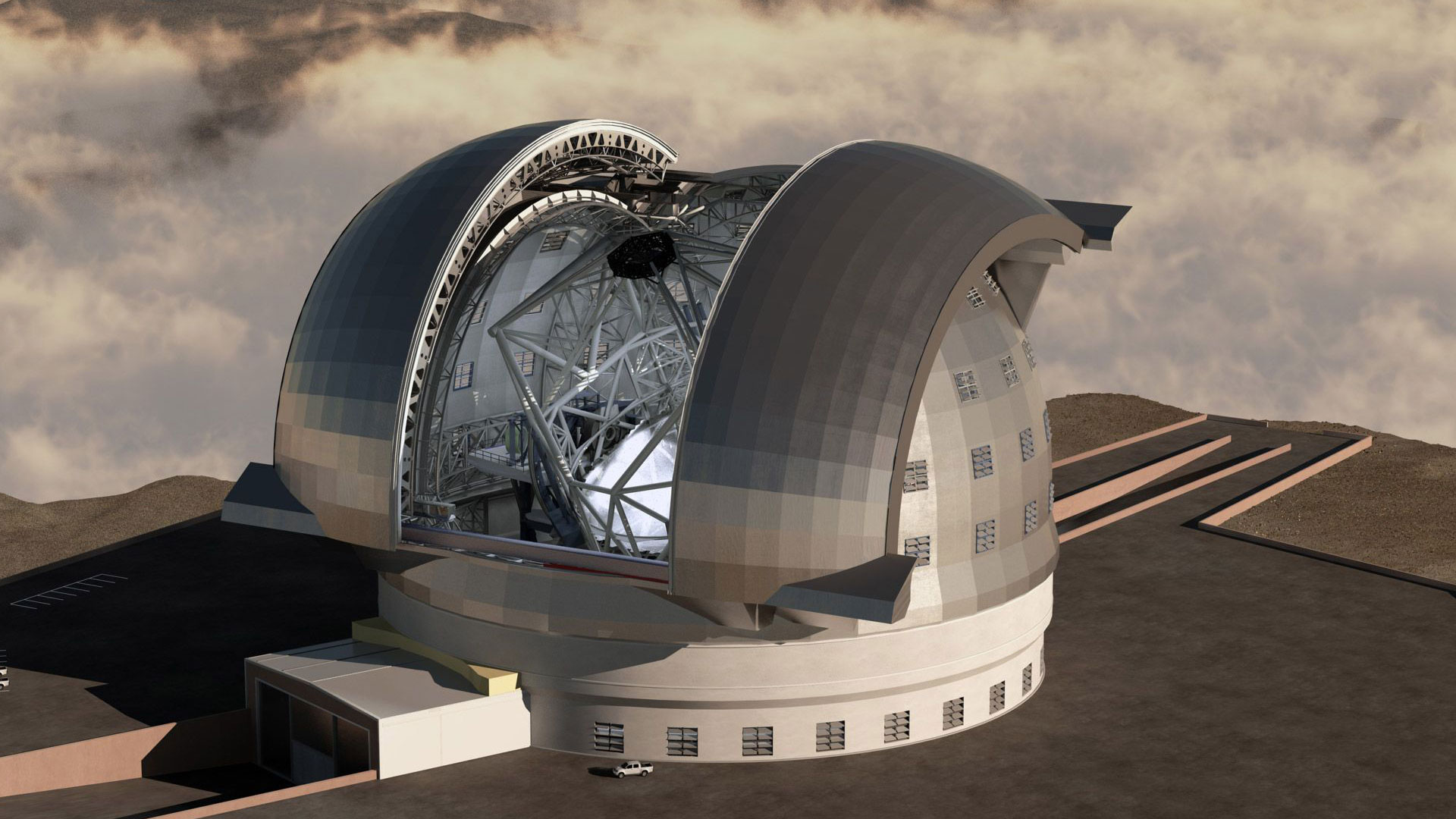 Le télescope E-ELT, un œil de géant tourné vers le ciel. De tous les projets de télescopes géants, l'E-ELT, de l'Eso, est le plus grand. Avec un miroir de 39 mètres de diamètre, il surpassera les 30 mètres du TMT (Thirty Meter Telescope), les sept miroirs de 8,4 mètres du télescope géant Magellan et les deux miroirs de 8,6 mètres du Large Binocular Telescope (LBT). © Eso