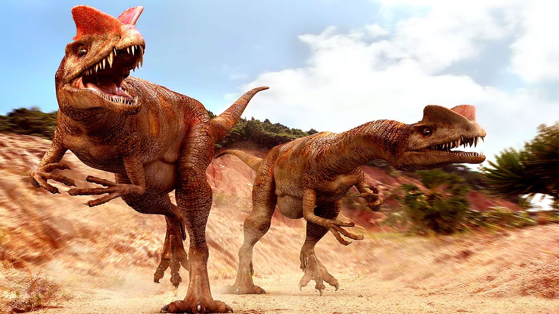Le dilophosaure ou Dilophosaurus, présent dans le film Jurassic Park