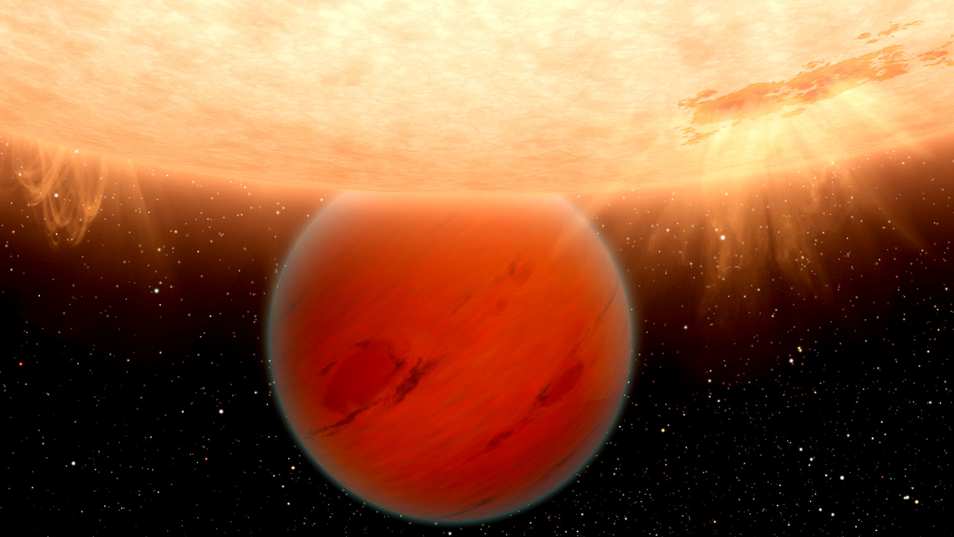 L'exoplanète GJ 436b a été découverte grâce au satellite Spitzer. Située à 33 années-lumière de la Terre, cette géante gazeuse, représentée ici par une vue d’artiste, secoue le monde de la planétologie. Alors que les lois de la thermochimie impliquaient qu’une planète de ce type devrait être riche en méthane et pauvre en monoxyde de carbone (CO), comme c’est le cas dans le Système solaire, GJ 436b contredit tous les modèles actuels. En effet, les observations de cette planète ne montrent pas de traces de méthane et, à l’inverse, une abondance de CO.
© Nasa, DP