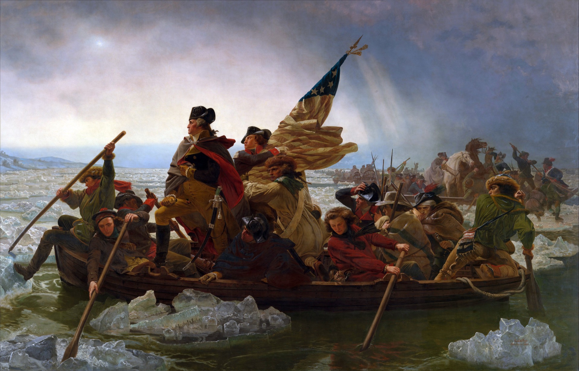 Washington traversant le Delaware, lors de la bataille à Trenton, le 26 décembre 1776. Le drapeau compte treize étoiles placées en cercle. © Peinture d'Emanuel Leutze, Metropolitan Museum of Art, Wikimedia Commons, DP

