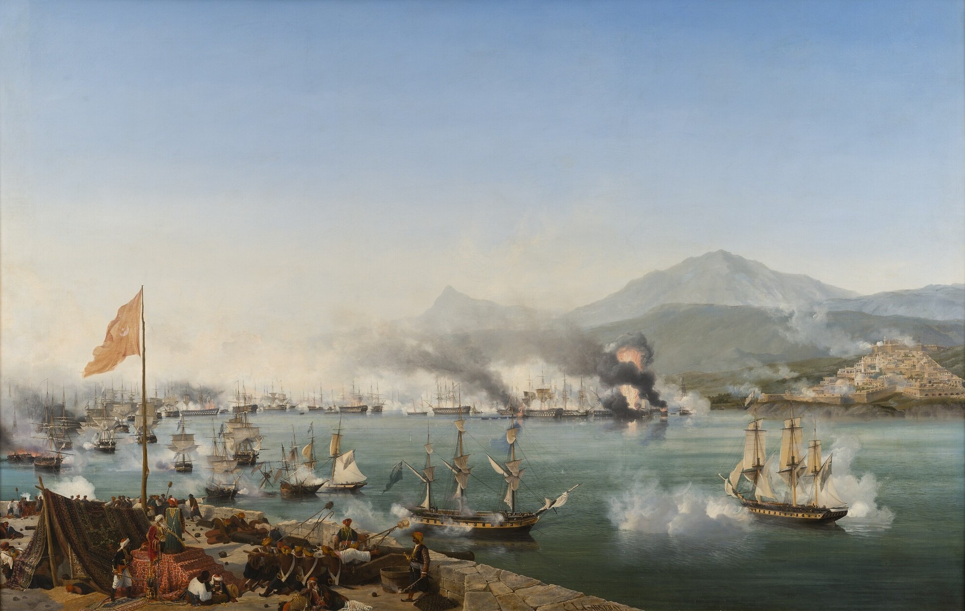 La bataille navale de Navarin (octobre 1827) illustrant la coalition du Royaume-uni, de la France, et de la Russie contre l'Empire ottoman, lors de la guerre d'indépendance de la Grèce. © Garneray, Wikimedia Commons, DP