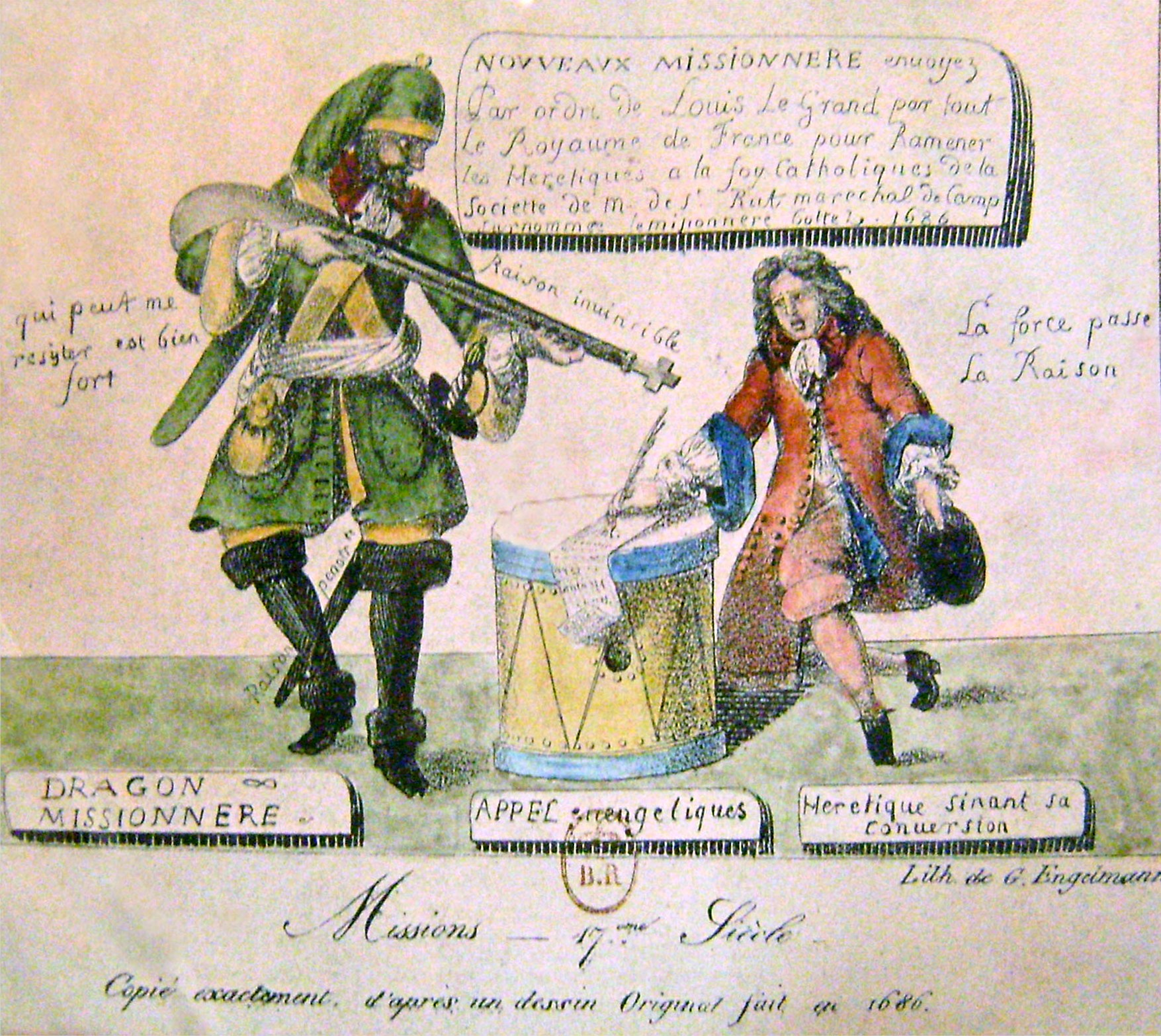 Les dragonnades. ©&nbsp;Godefroy Engelmann d'après un dessin de 1686.&nbsp;&nbsp;Wikimedia Commons,&nbsp;Musée internationale de la Réforme protestante, Genève (Suisse), DP