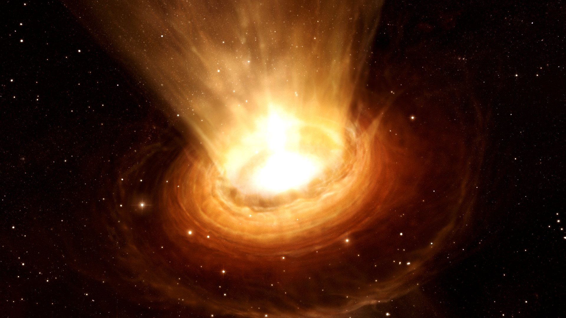 Éruption d'un trou noir supermassif. Vue d'artiste de l'éruption d'un trou noir supermassif;&nbsp; gaz et poussières sont représentés en marron ; ils sont attirés par l'énorme gravité du trou noir niché au centre d'une galaxie elliptique.