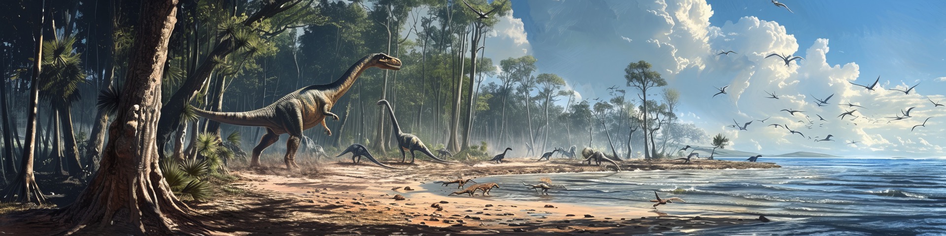 Il y a 200 millions d'années, de grands dinosaures ont laissé des traces dans le sol vaseux de ce qui est aujourd'hui la plage du Veillon. © Bilas AI, Adobe Stock