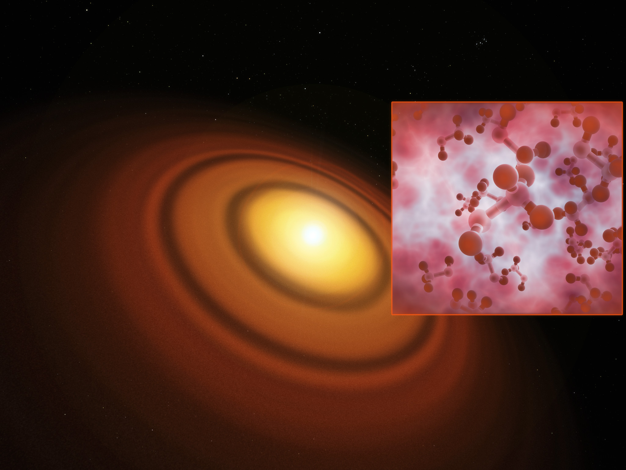 Cette vue d’artiste montre le disque protoplanétaire le plus proche connu, autour de l’étoile TW Hydrae dans l’immense constellation de l’Hydre. La molécule organique d’alcool méthylique (méthanol) a été trouvée par le grand réseau millimétrique/submillimétrique de l’Atacama (Alma) dans ce disque. Il s’agissait de la première détection de ce composé dans un jeune disque en formation de planètes. © ESO, M. Kornmesser