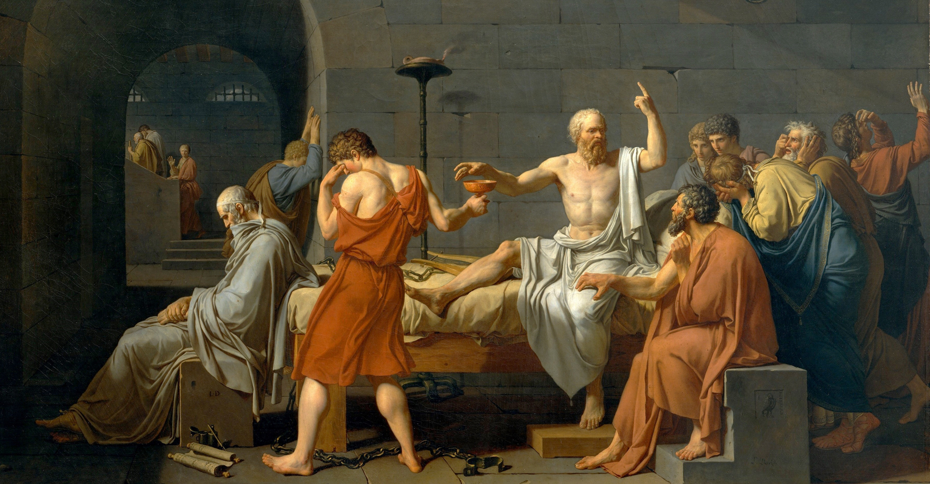 La Mort de Socrate est un tableau peint par Jacques-Louis David en 1787. Le philiosophe grec a été tué par empoisonnement par la grande ciguë. © Catherine Lorillard, DP