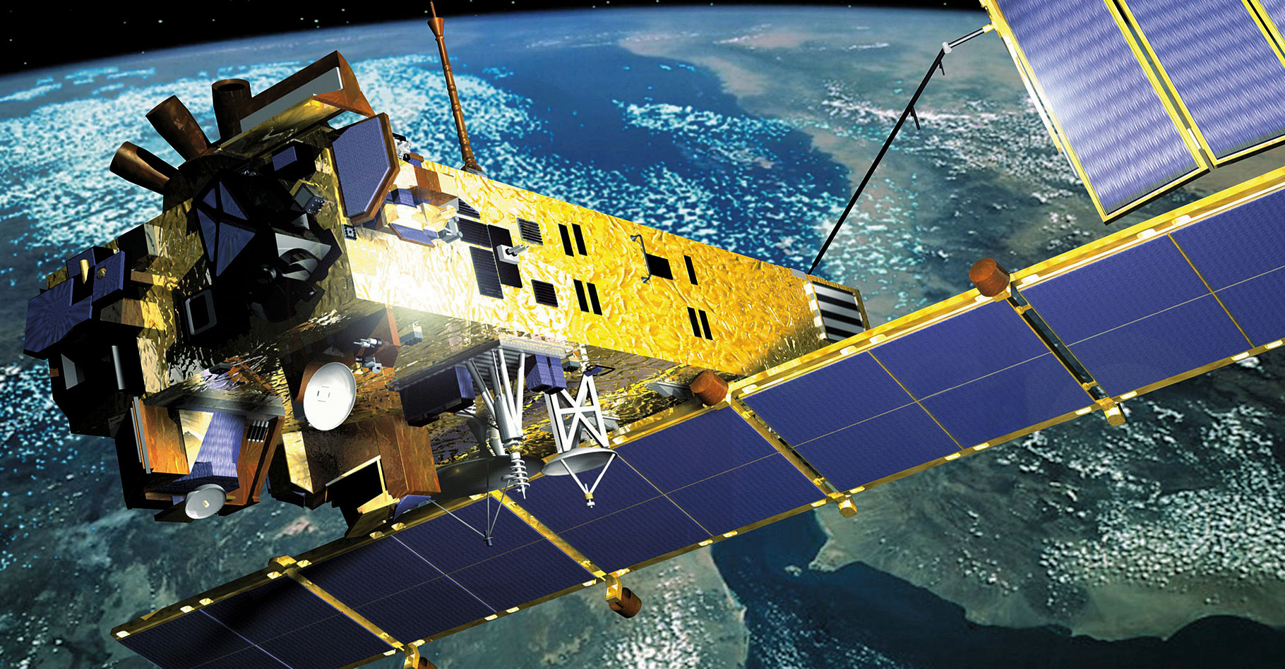 Le satellite Envisat de l'ESA, doté d'une charge utile de 10 instruments dédiée à l'étude de l'environnement. © EADS Astrium - CC BY-NC 2.0