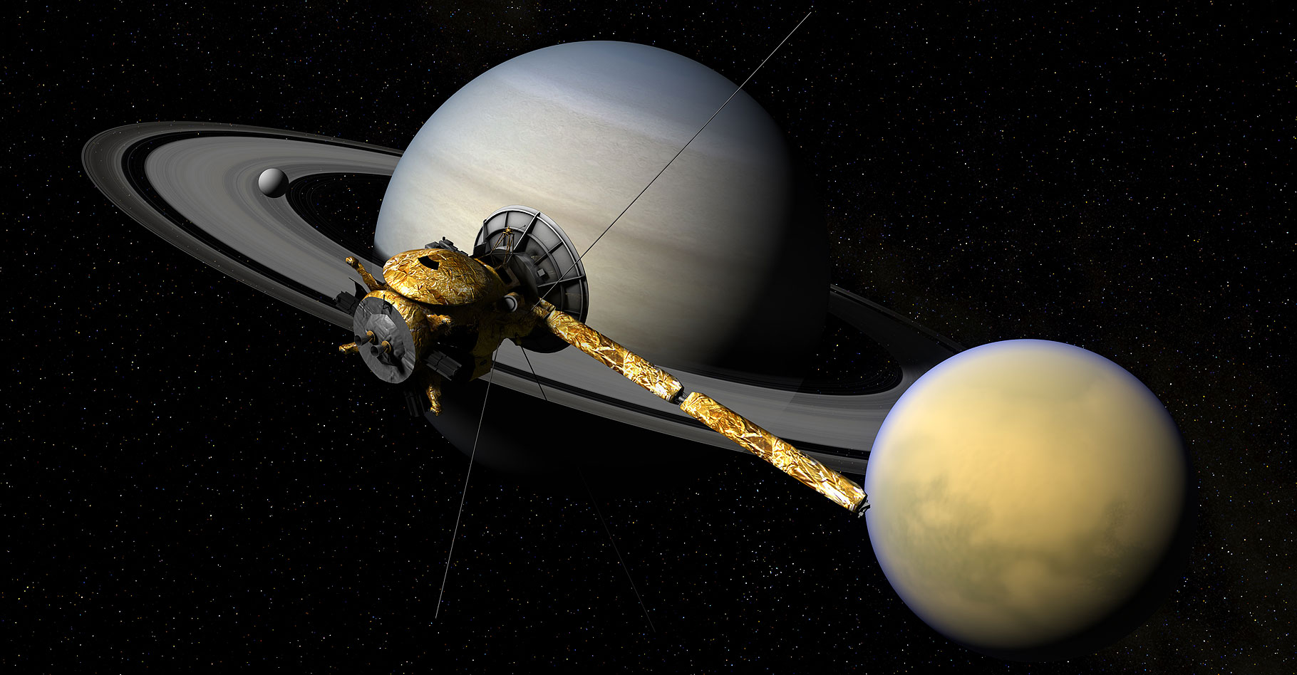 Cassini se déplacant au-dessus de Titan, Enceladus et Saturn. © Kevin Gill - CC BY-SA 2.0
