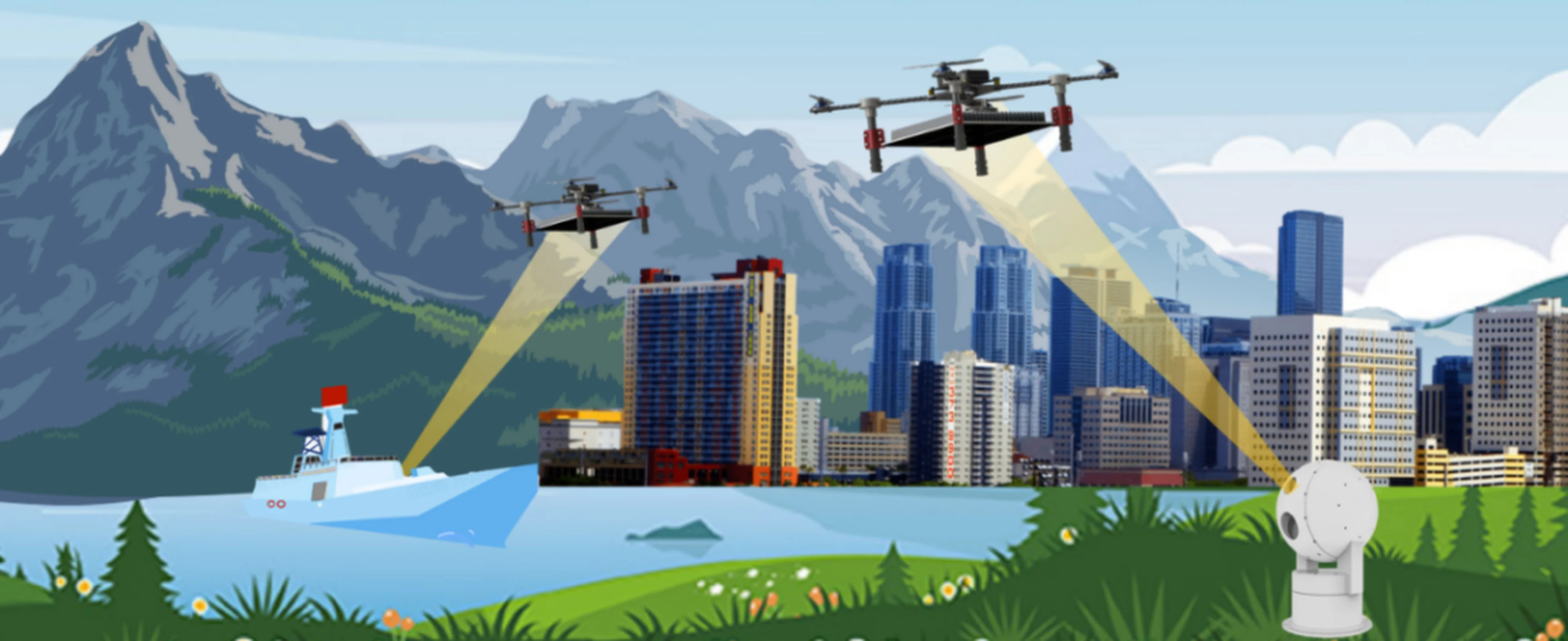 Sur cette illustration, on peut voir le rayon laser impacter les drones pour leur délivrer de l’énergie afin de les maintenir en vol. © NPA