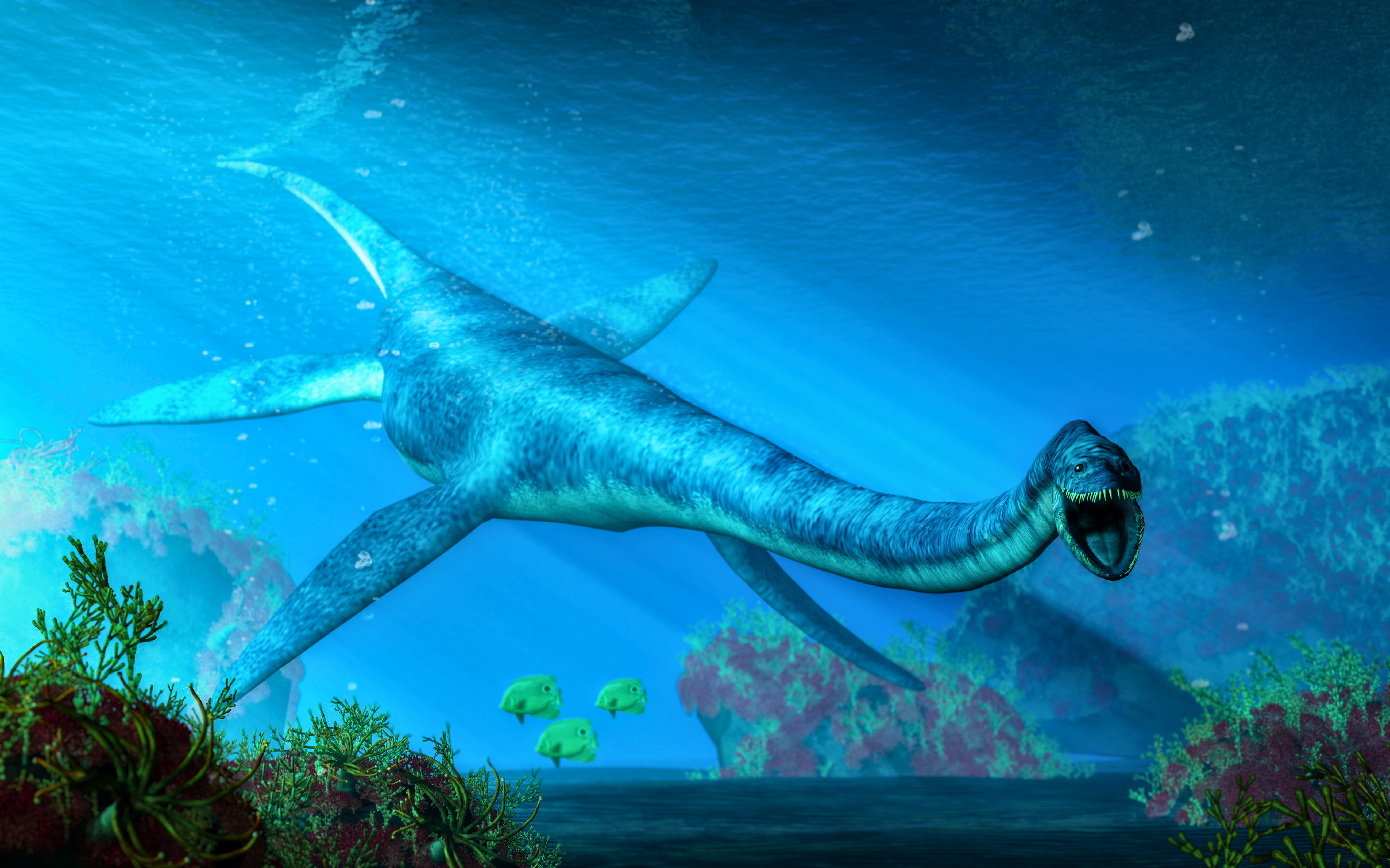 Un élasmosaure nage dans une mer peu profonde. Ce plésiosaure à long cou était un reptile aquatique qui peuplait les océans au Crétacé. Cette illustration est un rendu 3D. © Daniel Eskridge, Adobe Stock