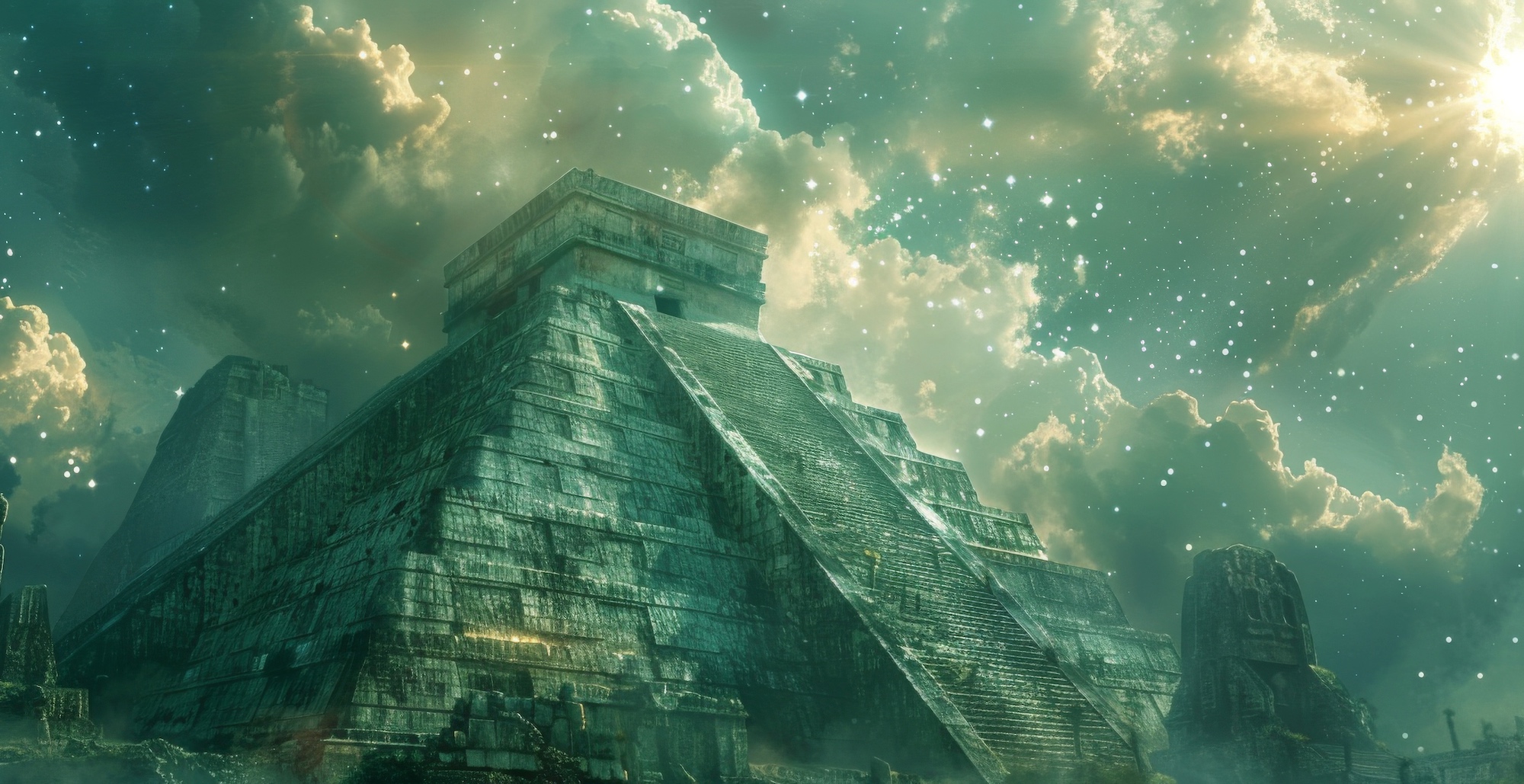 Illustration d'un temple Maya au cours d'un phénomène céleste. © Nat, Adobe Stock