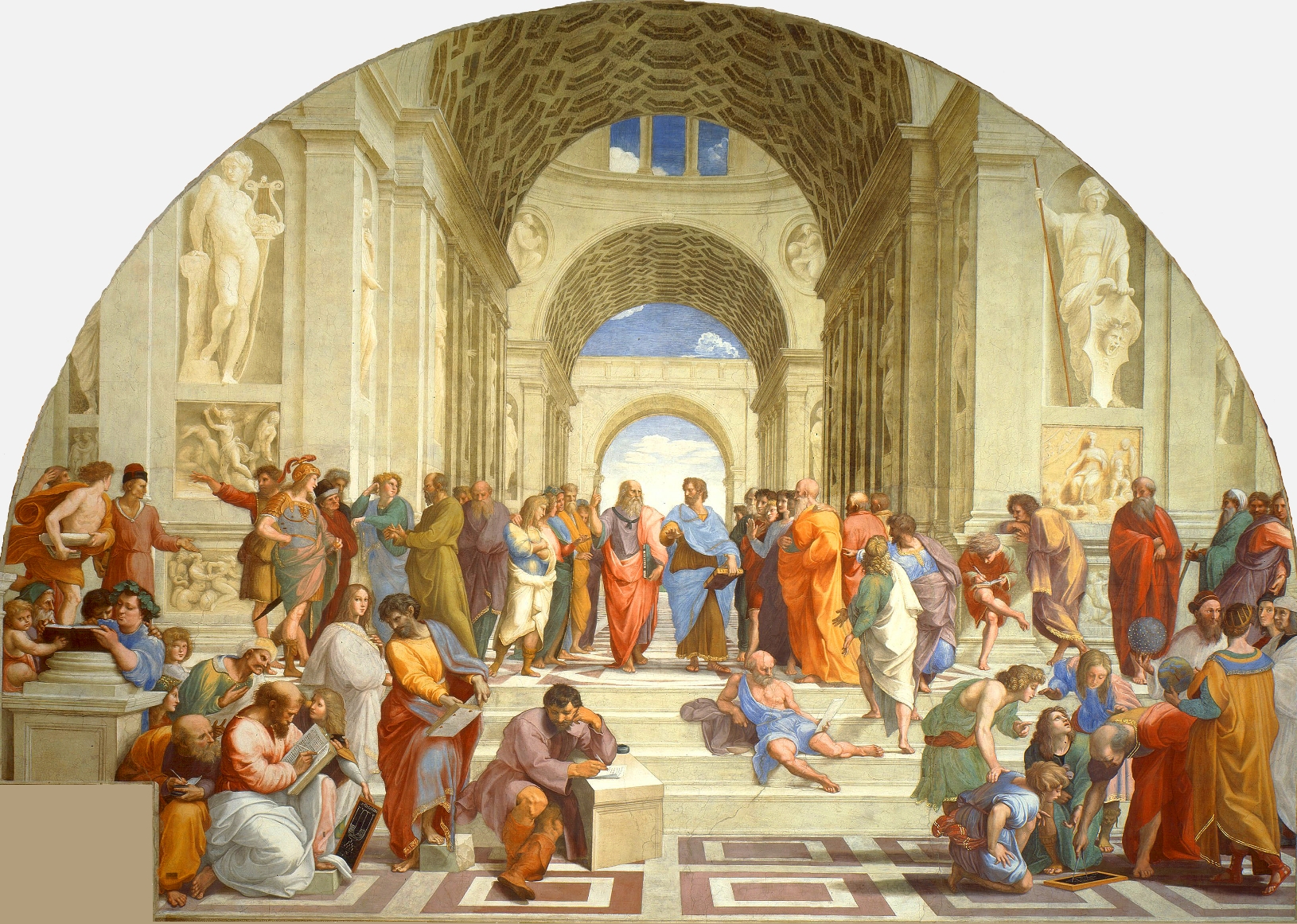 Une vue de la célèbre fresque de Raphaël montrant plusieurs des grands philosophes de l'Antiquité, parfois sous les traits de ses contemporains. Au centre, on voit ainsi Platon tenant son dialogue le Timée mais sous les traits de Léonard de Vinci. © DP