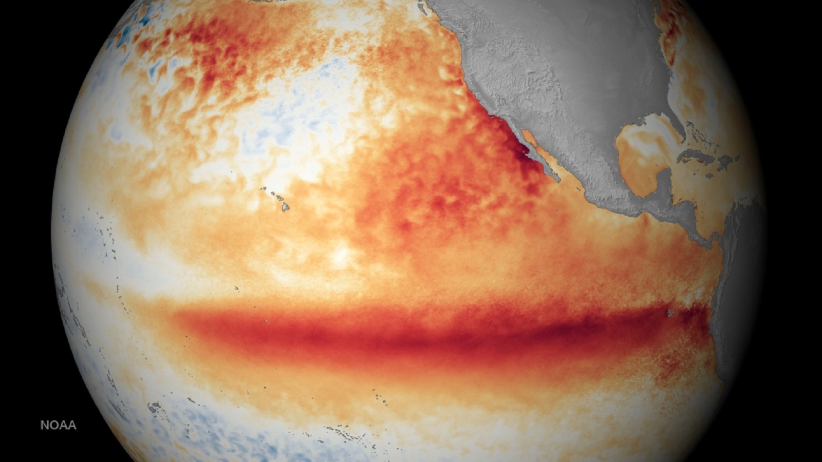 Le puissant El Niño de 2015-2016 marqué par des températures de surface élevées dans l'est de l'océan Pacifique, a déclenché des bouleversements météorologiques à travers le globe qui ont à leur tour influencé les épidémies. © Noaa