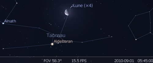 La Lune est en rapprochement avec Les Pléiades et l'étoile Aldébaran
