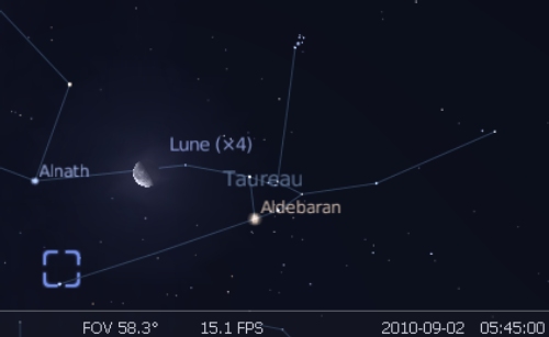 La Lune est en rapprochement avec l'étoile Alnath et la nébuleuse de Crabe