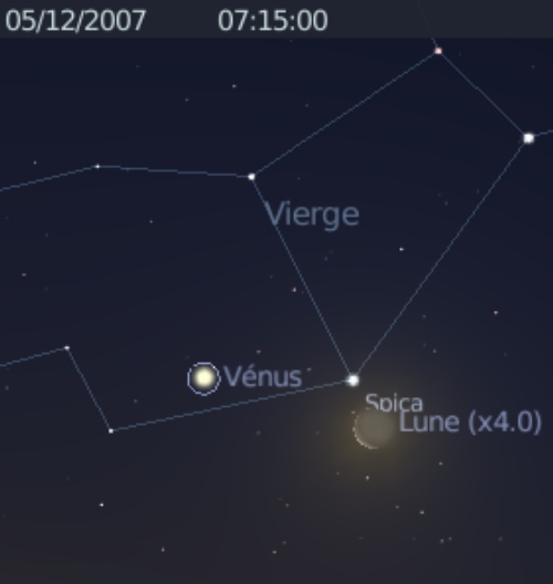 La Lune est en rapprochement avec la planète Vénus et l'étoile Spica